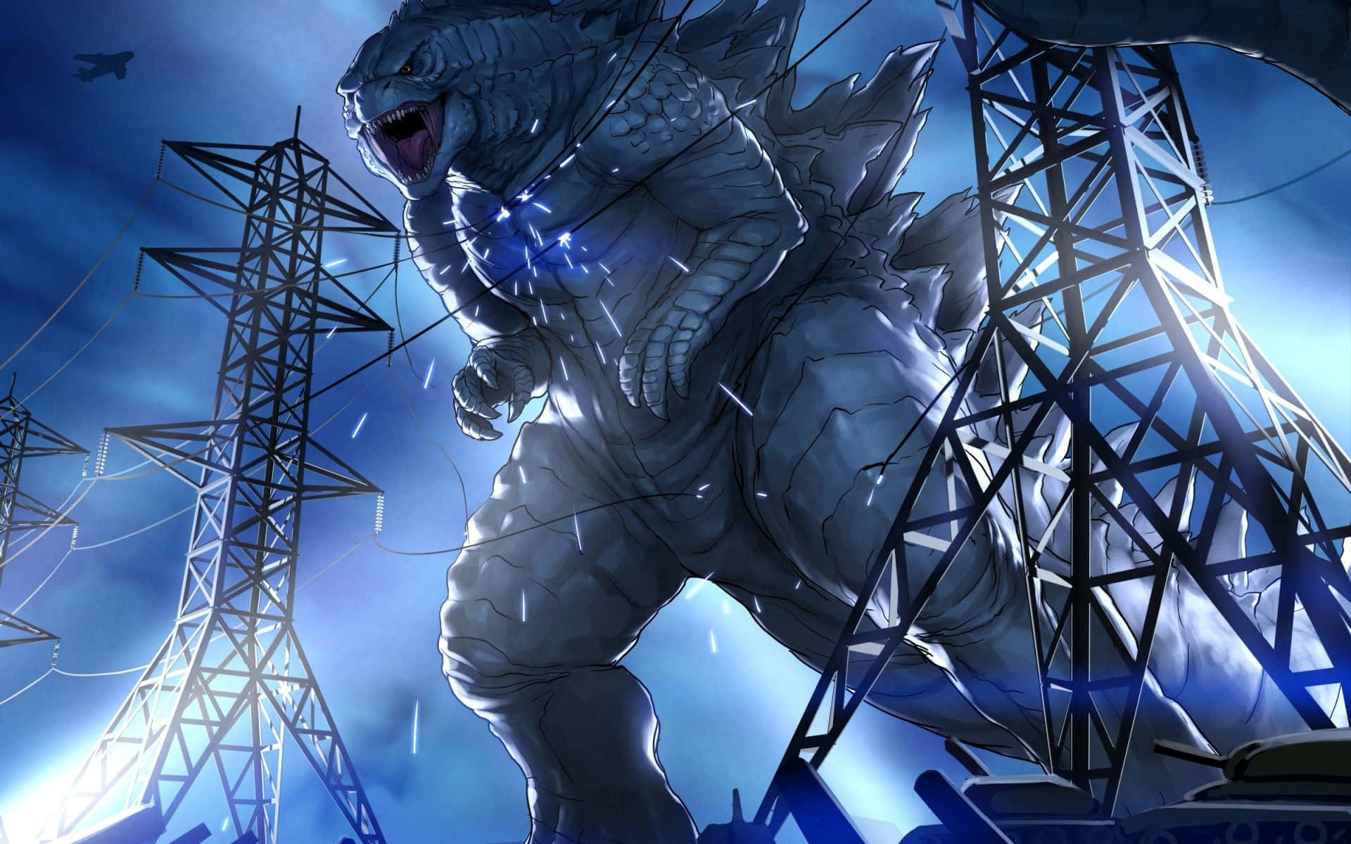 Godzilla Art 桌布 壁紙 — 巨大的哥斯拉在暴風雨的藍天下，於破碎的電線和聳立的輸電塔之間咆哮。