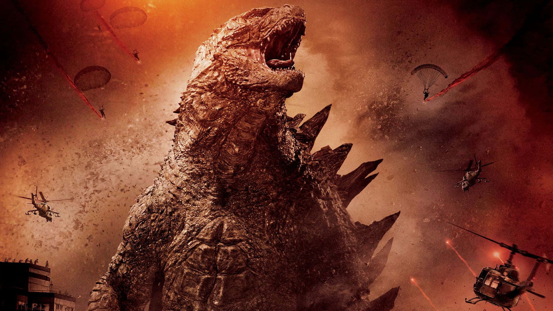 Godzilla 2014 桌布 壁紙 — 巨大的哥斯拉在火紅的天空中咆哮，直升機和降落傘在他周圍混亂地戰鬥。