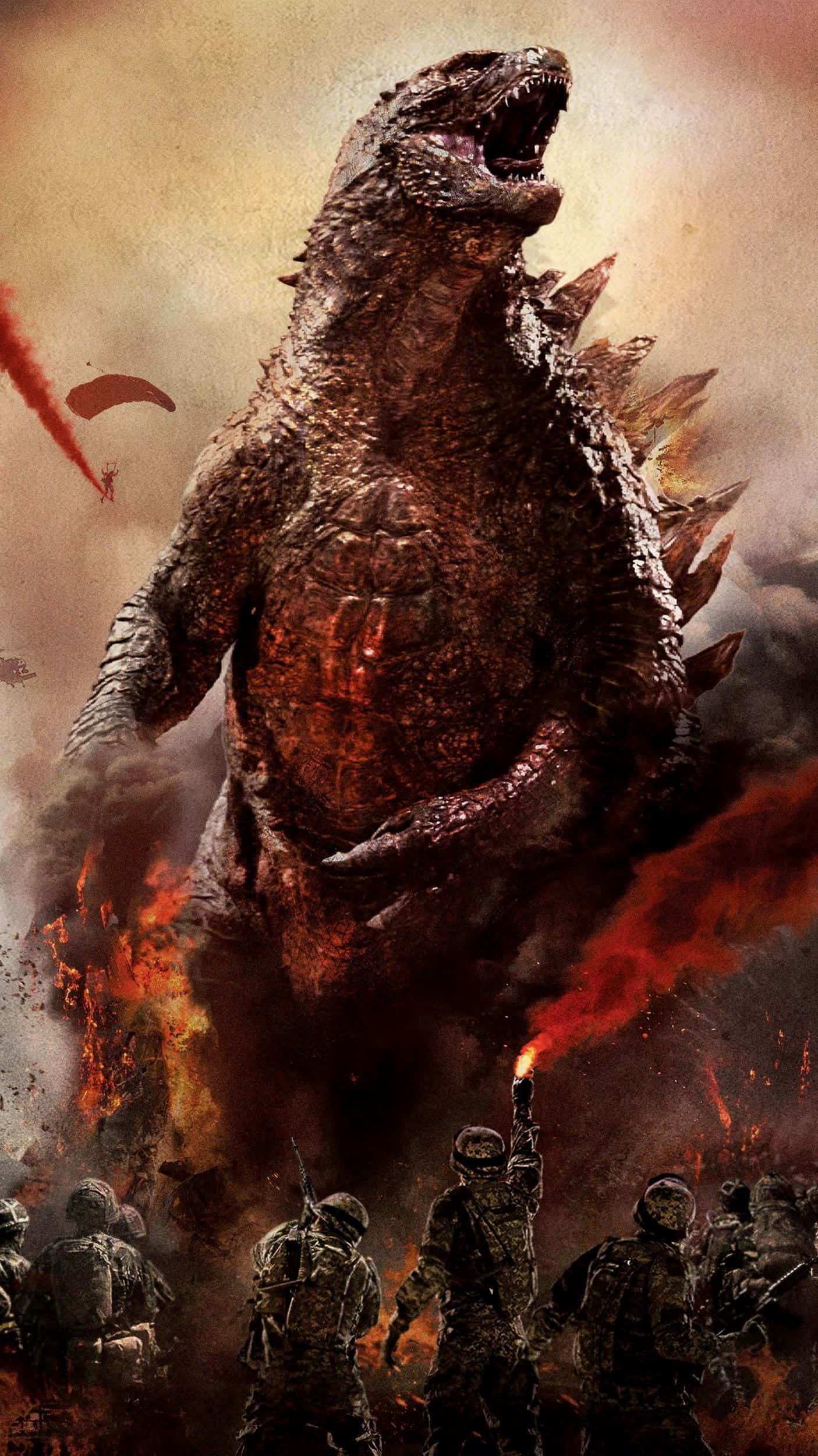Godzilla 2014 桌布 壁紙 — 巨大的哥斯拉在烈焰毀滅中咆哮，下方的士兵高舉火把對抗末日混亂。