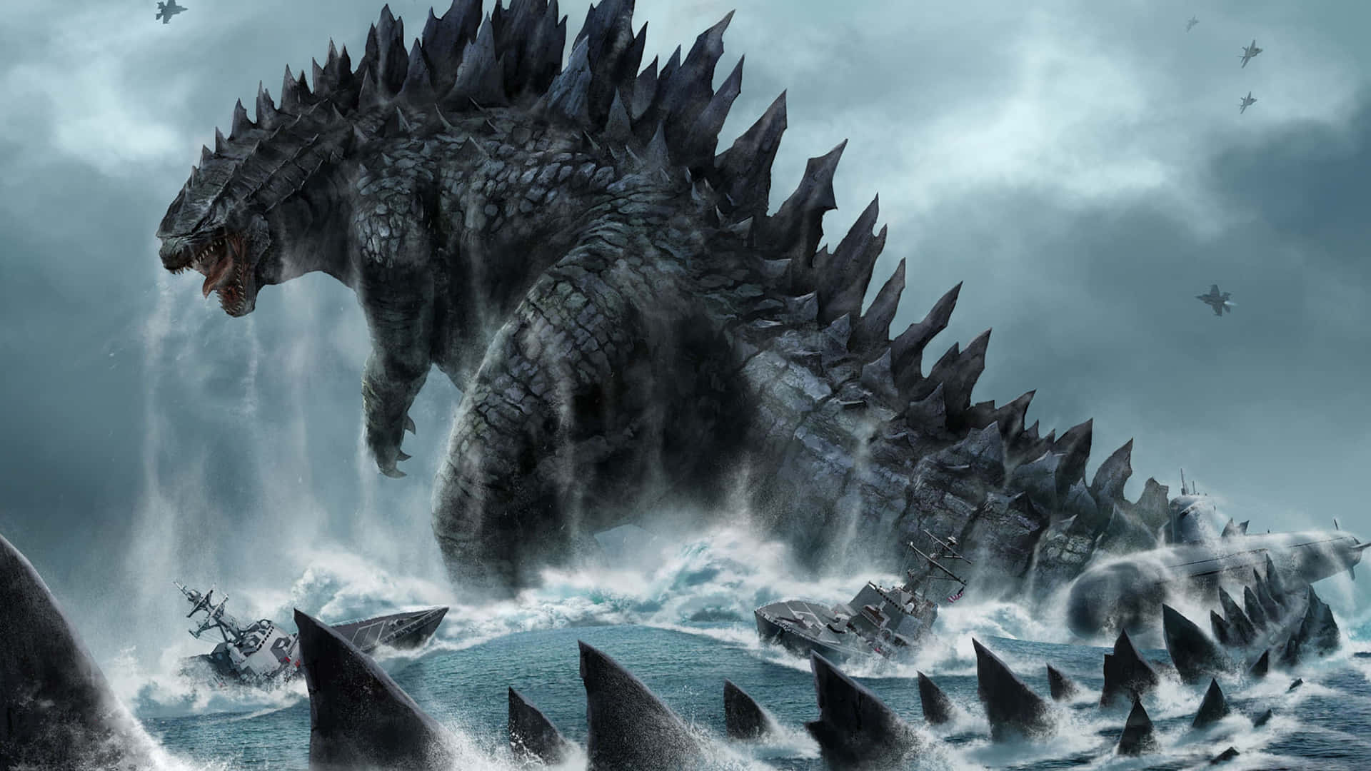 Godzilla City Destruction 桌布 壁紙 — 巨大的哥斯拉從暴風雨中出現，用帶刺的尾巴壓碎軍艦，在洶湧的波浪和戰鬥機中咆哮。