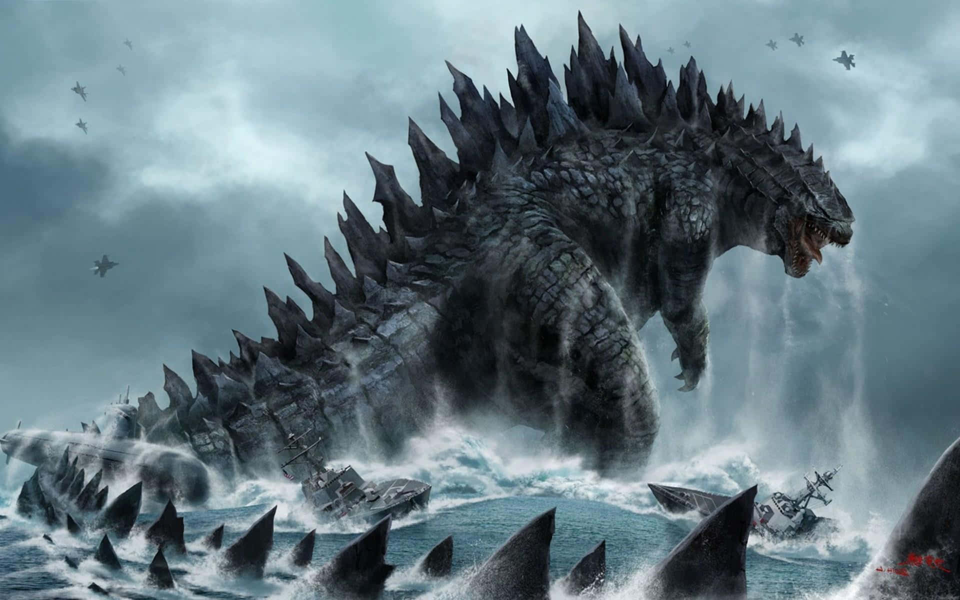 Godzilla Art 桌布 壁紙 — 巨大的哥斯拉從暴風雨中出現，用鋸齒狀的背鰭切開波浪，在陰暗多雲的天空下粉碎軍艦。