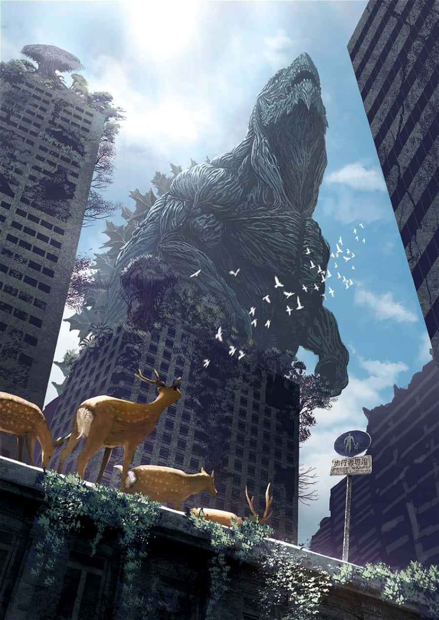 Godzilla Earth 桌布 壁紙 — 巨大的哥斯拉聳立在摩天大樓之間，鹿群在晴朗藍天下的屋頂上平靜地吃草。