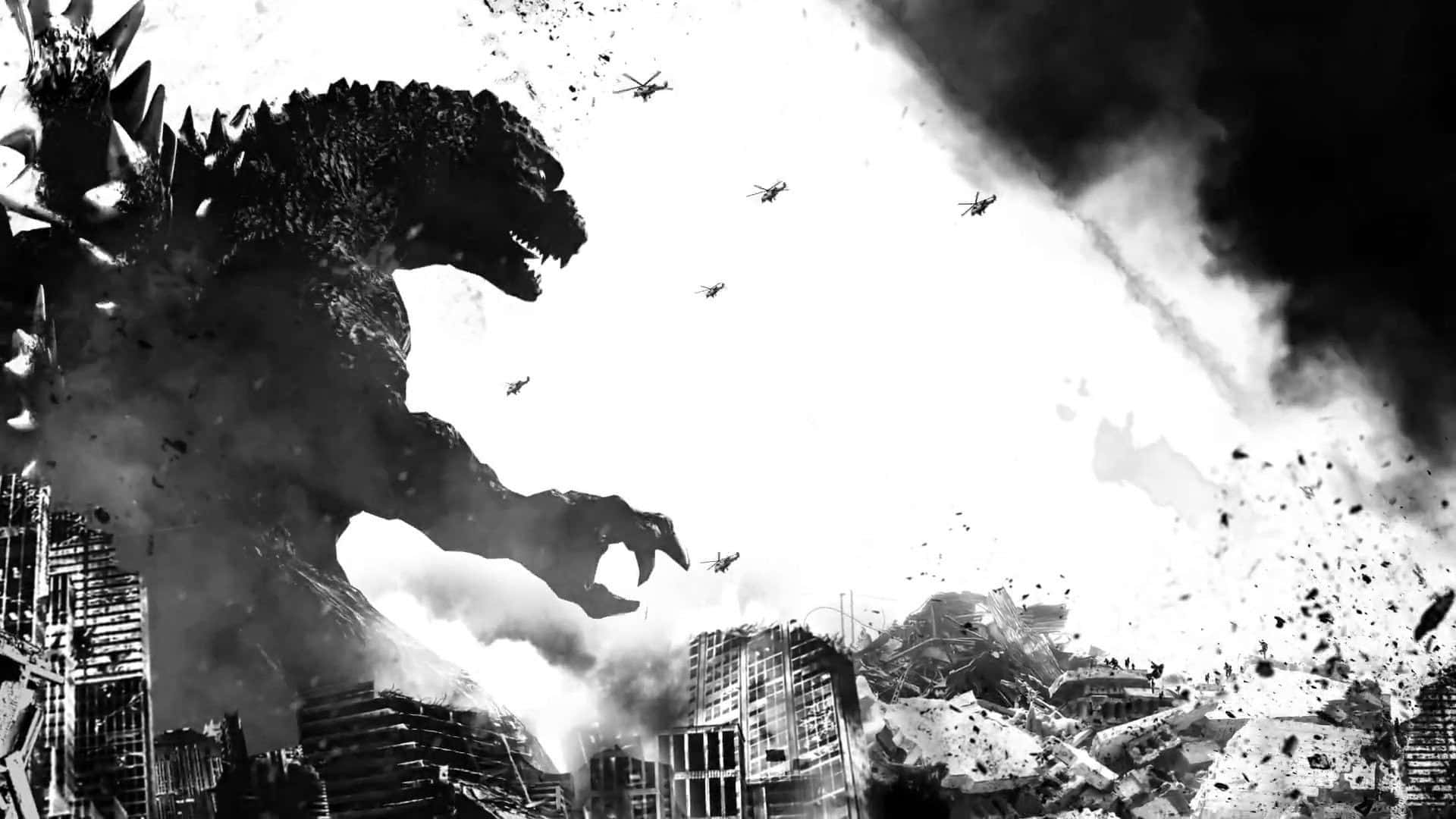 Godzilla 1954 桌布 壁紙 — 巨大的哥斯拉踩過破碎的城市景觀，直升機在上空盤旋，形成單色戰鬥場景。