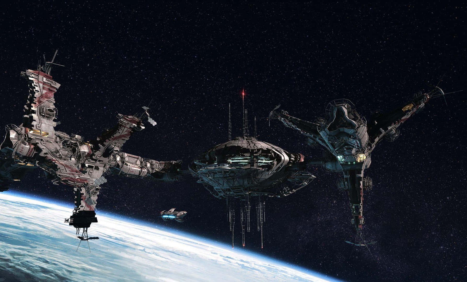Space Station 桌布 壁紙 — 巨大的未來太空船停泊在地球彎曲的藍色大氣層上空的軌道上，背景是星光點點的黑色虛空。