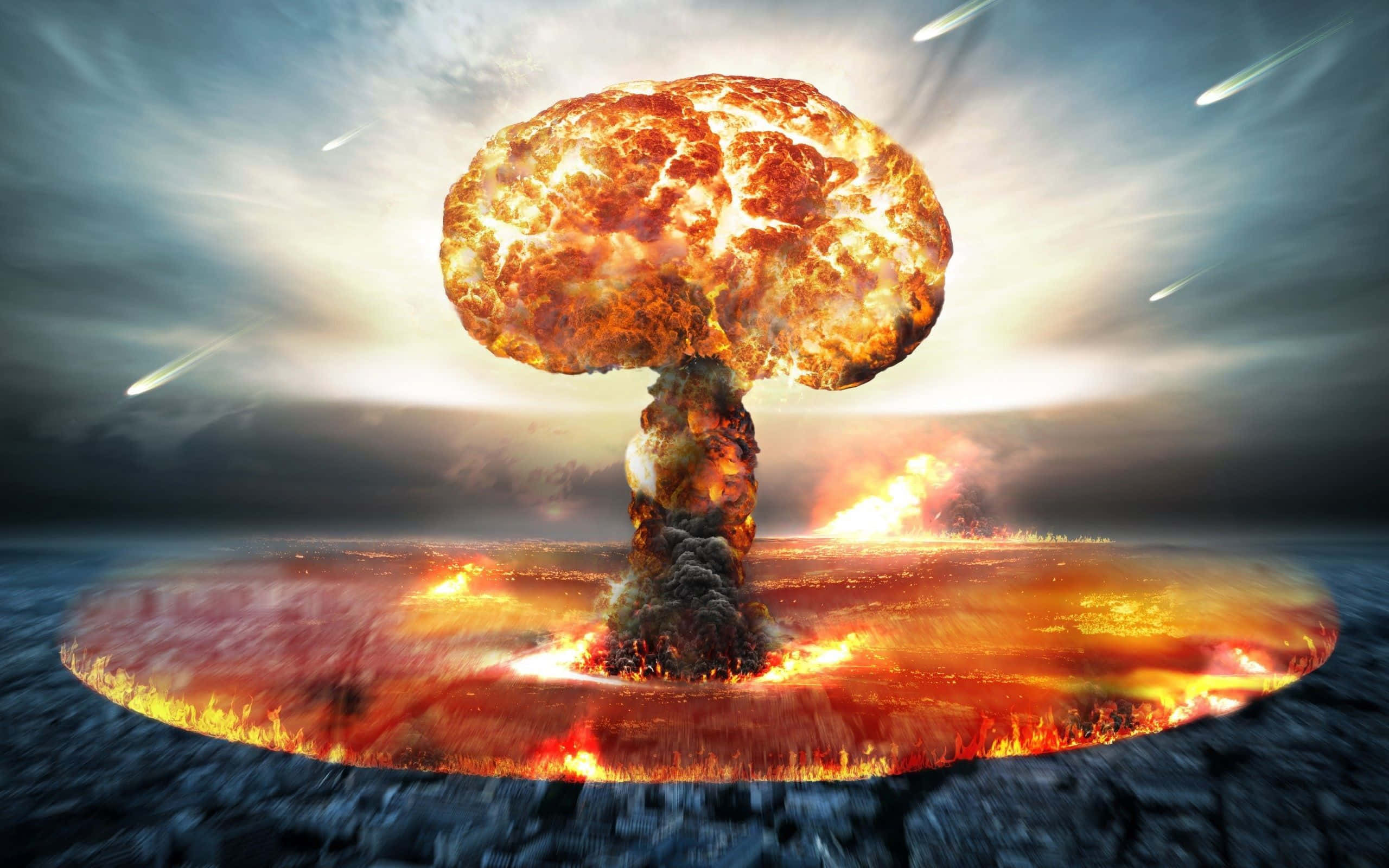 Fallout Nuke 桌布 壁紙 — 巨大的核蘑菇雲在焦土上爆發，伴隨著熾熱的光芒和流星劃過戲劇性的天空。