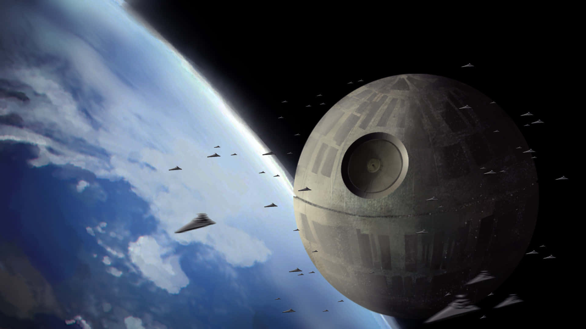 Death Star Ii 桌布 壁紙 — 巨大的死星籠罩著一顆藍色星球，TIE戰機在太空中穿梭。