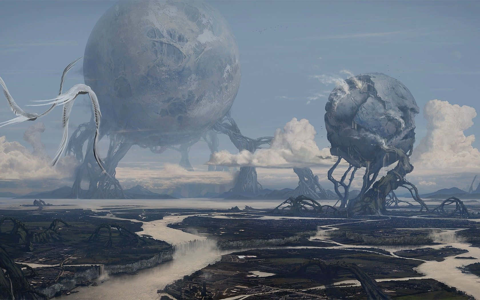 Mysterious 桌布 壁紙 — 巨大的生物機械球體，帶有根狀腿，矗立在多雲天空下的河谷之上。