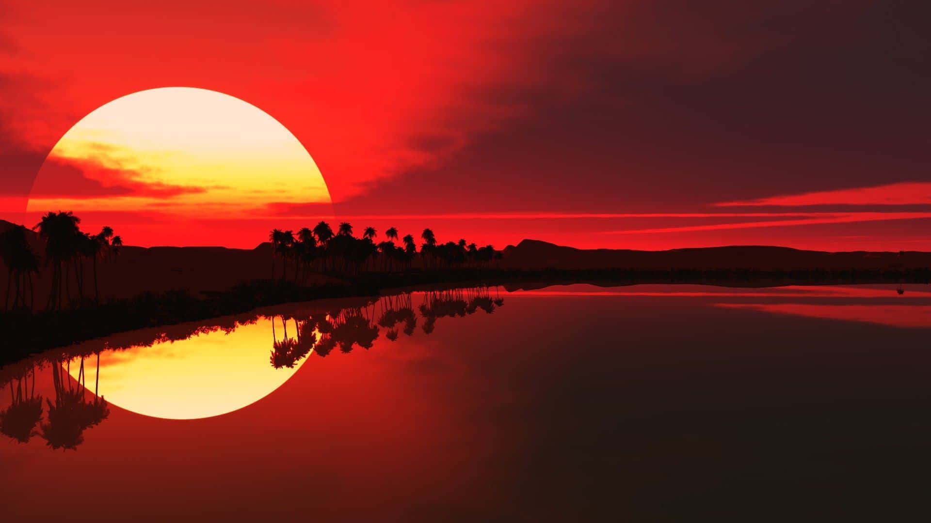 Red Sunset 桌布 壁紙 — 巨大的紅色太陽在平靜的湖面上落下，倒映著棕櫚樹和遠山，天空如火般燃燒。