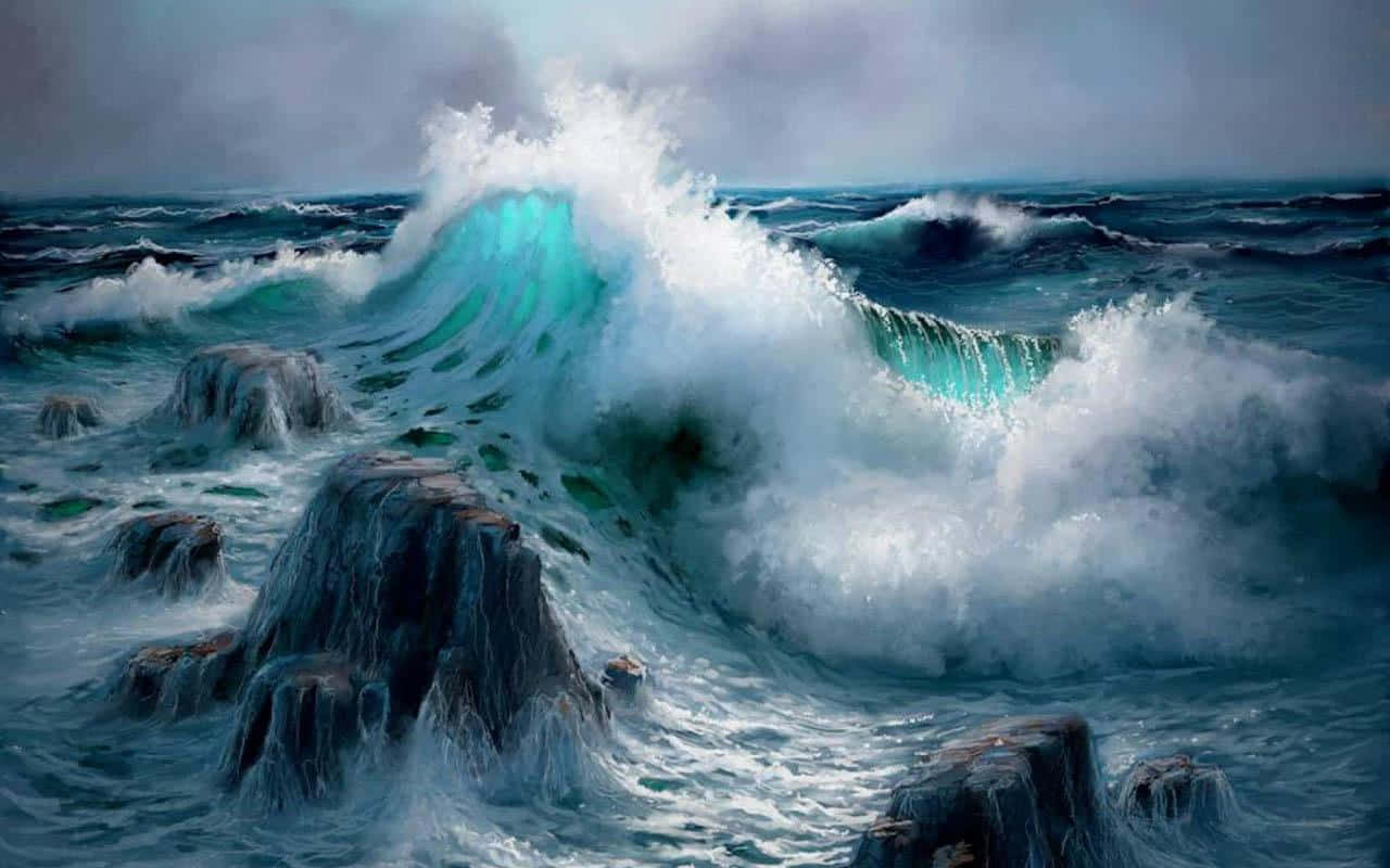 海浪 桌布 壁紙 — 巨大的藍綠色波浪在暴風雨的灰色天空下衝擊著黑暗的鋸齒狀岩石。