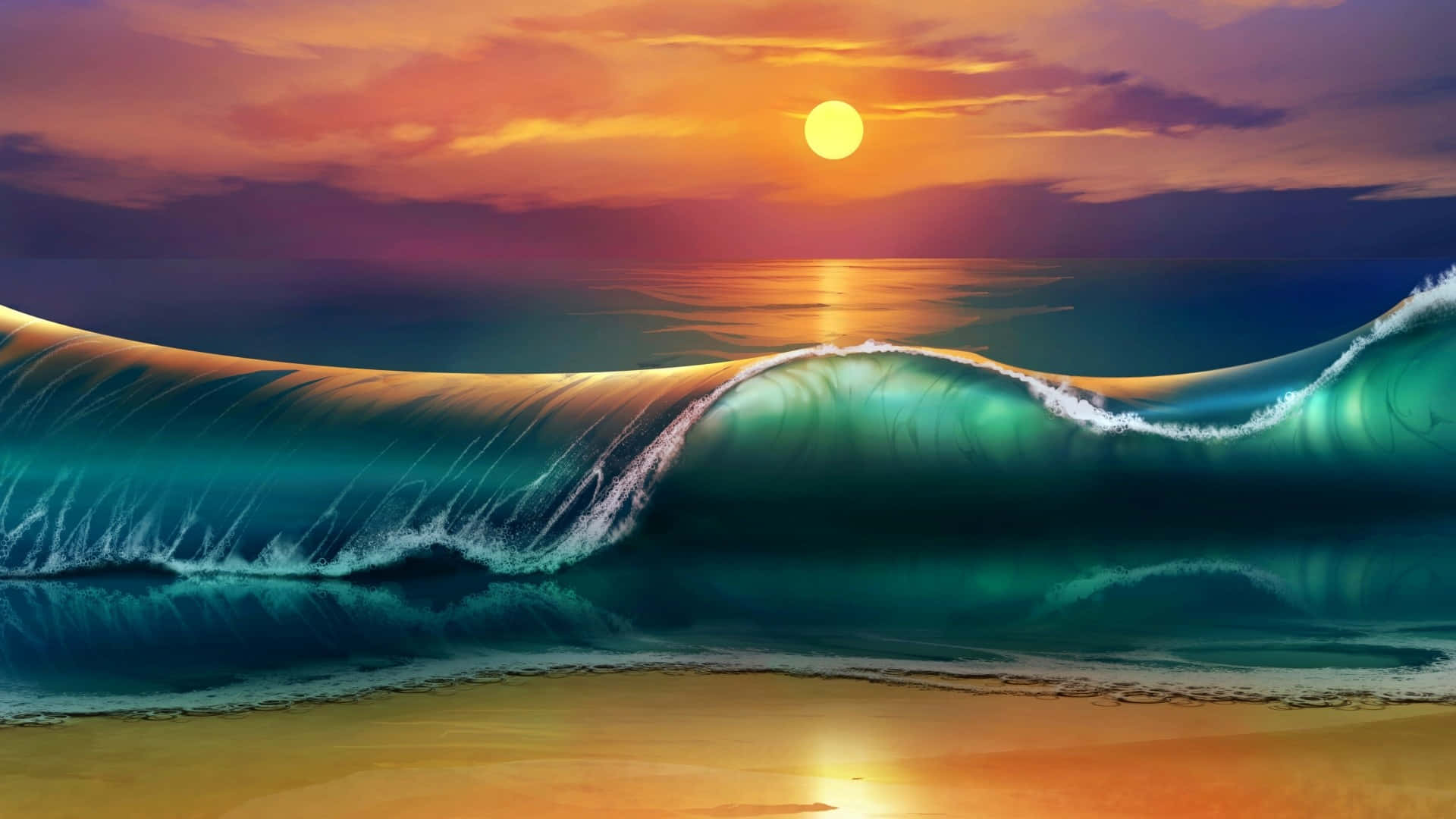 Sunset Ocean 桌布 壁紙 — 巨大的藍綠色波浪在金色海灘上翻滾，一顆發光的太陽在火熱的橙色和紫色天空中落下。