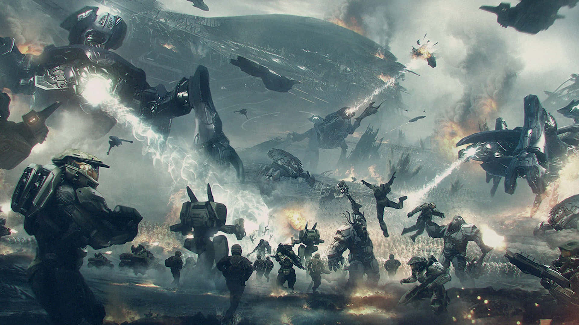 Halo Battle 桌布 壁紙 — 巨大的裝甲士兵和飛行戰爭機器在煙霧和火焰中，於混亂的未來戰場上戰鬥。