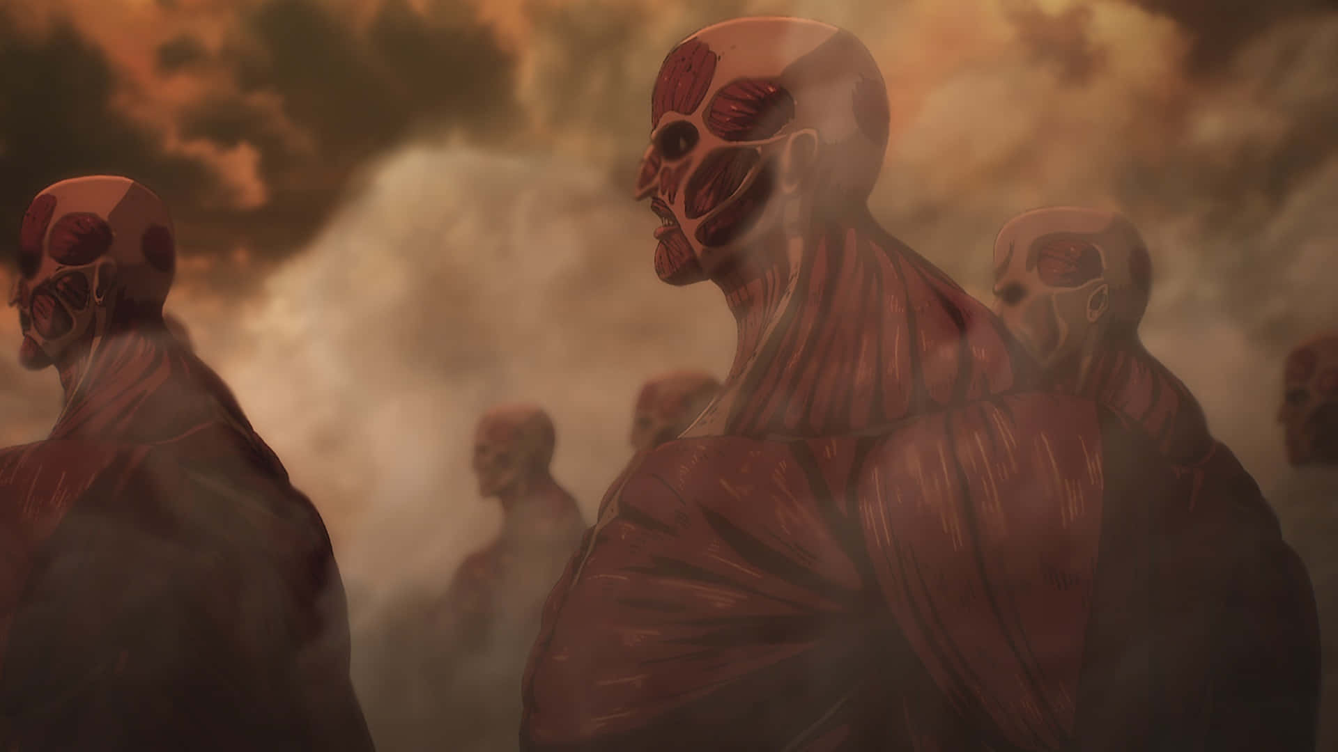 Humanoid Monsters 桌布 壁紙 — 巨大的類人生物，暴露的肌肉和骨骼，站在煙霧繚繞的戰場上，天空是火熱的橙色。
