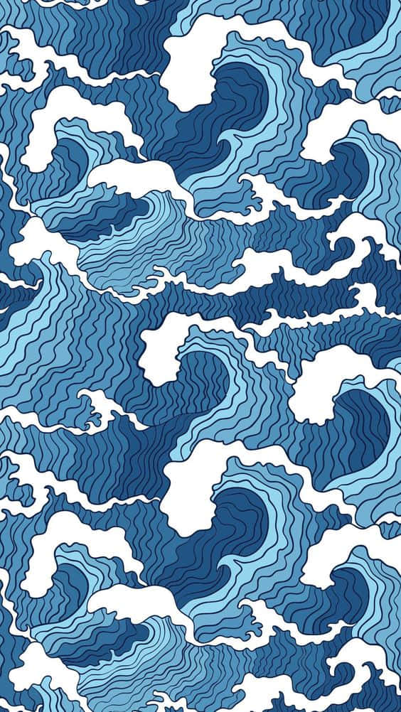 風格化地形設計中的藍色波浪圖案，帶有白色泡沫漩渦。
