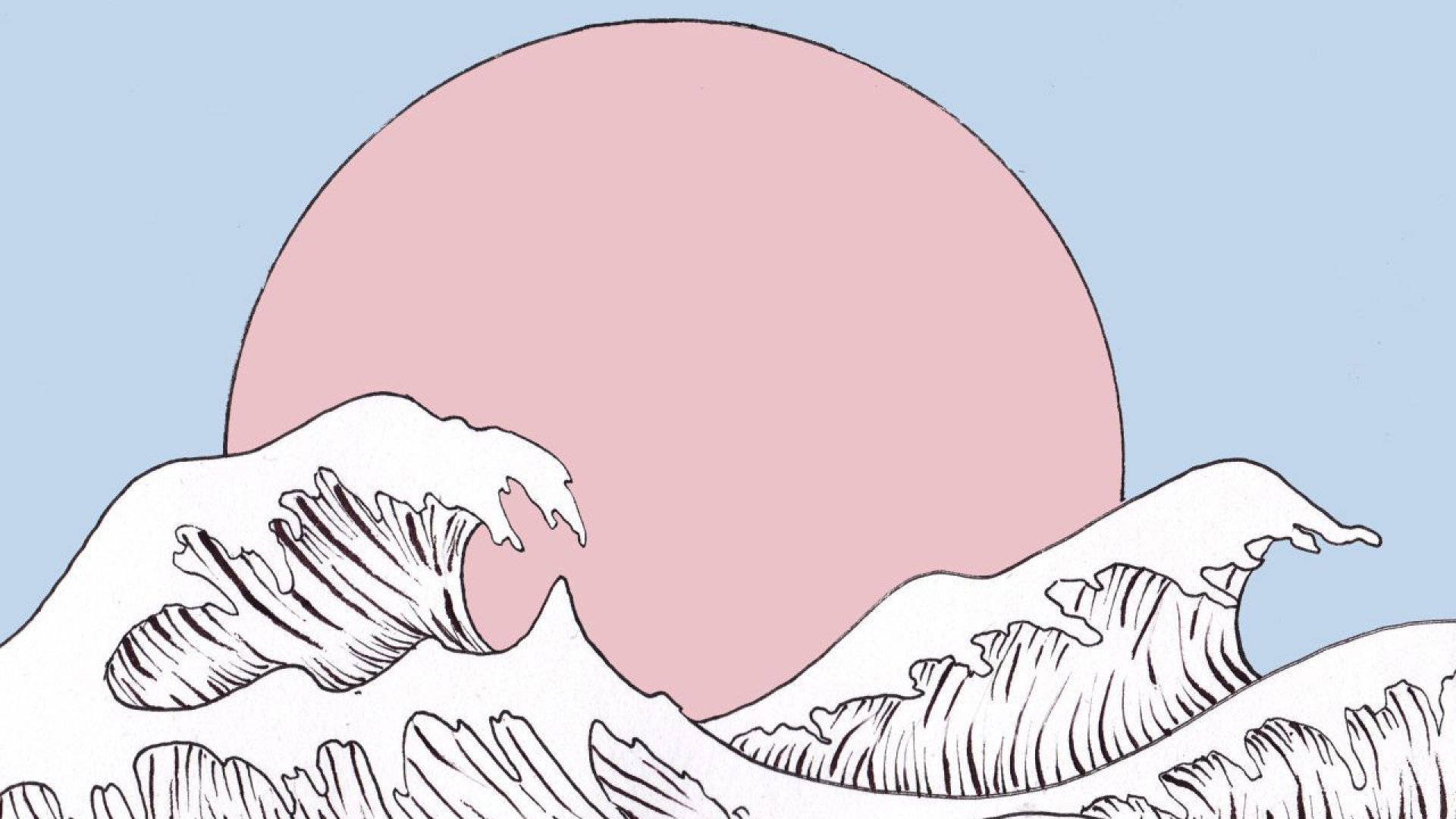 巨浪淡雅粉彩風格 壁紙 — 一幅風格化的波浪插圖，帶有粗黑線條和粉紅色太陽，背景為淺藍色。