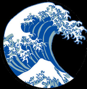 巨浪紋身設計 壁紙 — 一個圓形框架內，黑色背景上，一道風格化的藍色波浪翻湧著白色泡沫。