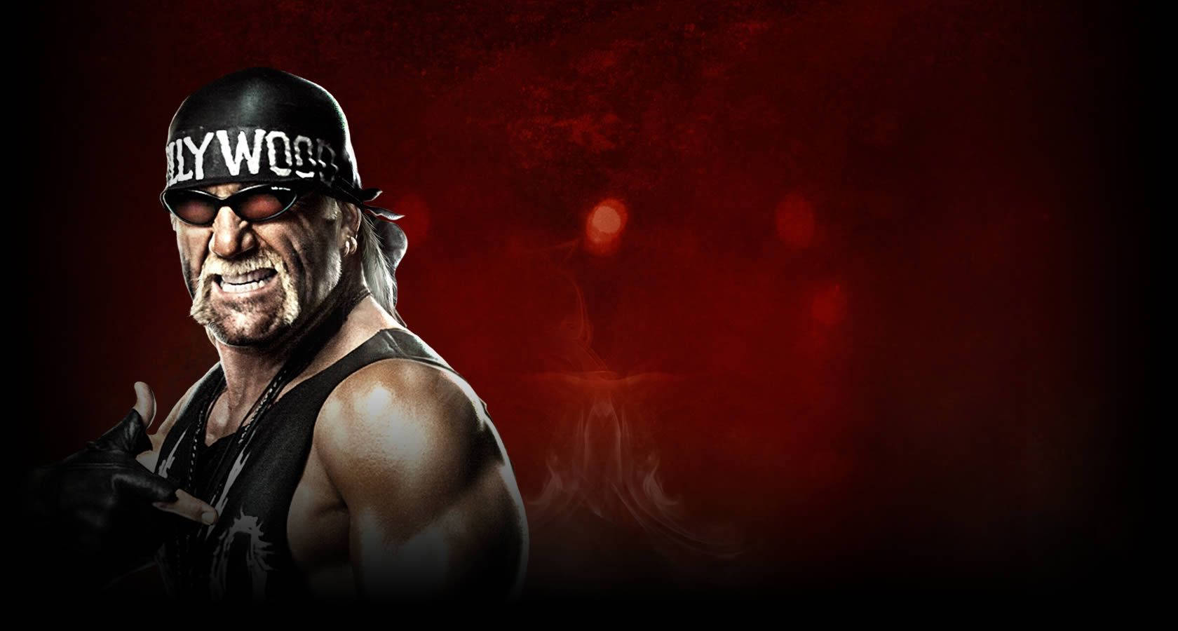 巨石強森同人圖 壁紙 — 摔角手 Hulk Hogan 戴黑色帽和太陽眼鏡，在煙霧彌漫的紅色背景前擺姿勢，燈光效果戲劇化。