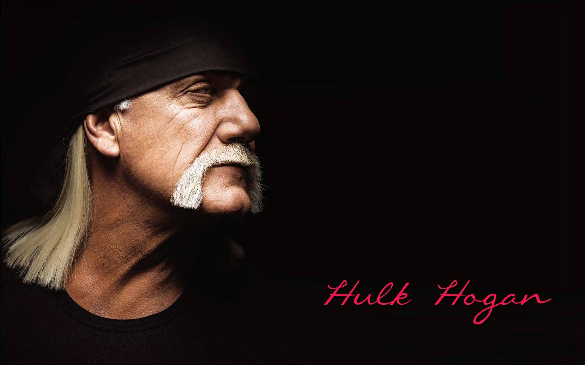 巨石強森暗黑風格 壁紙 — Hulk Hogan 側面特寫肖像，黑色背景，名字以粉紅色草書顯示。
