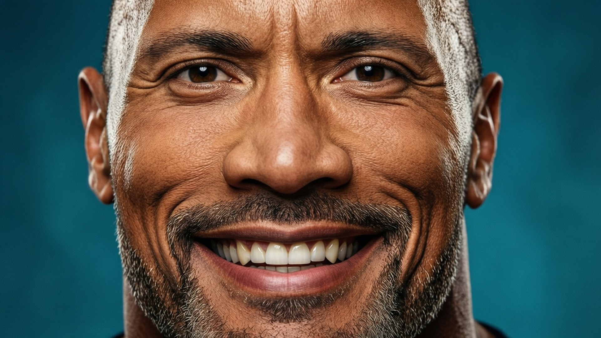 巨石強森開心近照 壁紙 — Dwayne Johnson 喺青綠色背景前溫暖微笑嘅特寫肖像。