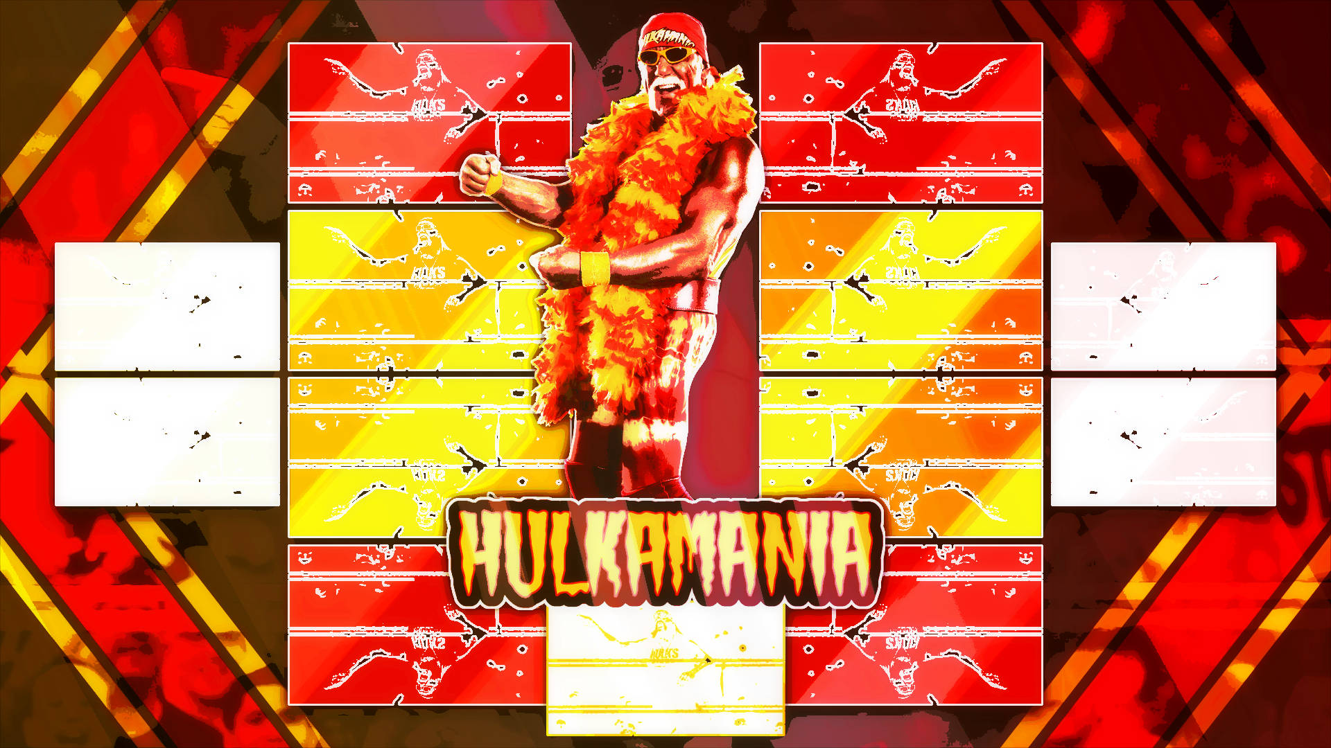 巨石強森黃色「Hulkamania」海報 壁紙 — Hulk Hogan 身穿火紅羽毛服裝，站在舞台中央，背景為大膽的紅、黃、白圖形，並帶有「HULKAMANIA」文字。