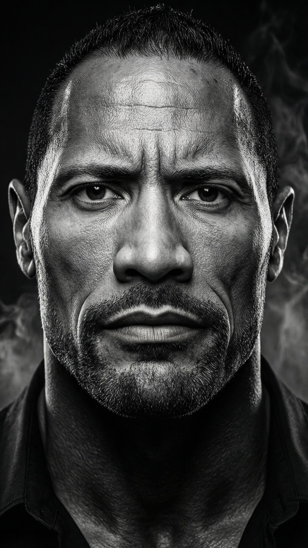 巨石強森黑白嚴肅風 壁紙 — Dwayne Johnson 的戲劇性黑白特寫肖像，眼神強烈，身後煙霧繚繞。