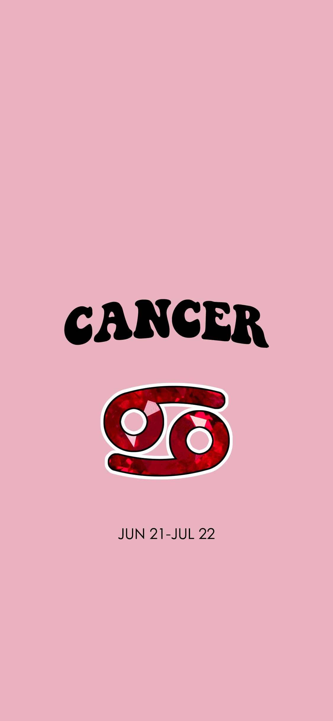 巨蟹座六月至七月 壁紙 — 粉紅色背景上，粗體黑色文字顯示「cancer」一字，上方有一個紅色寶石風格的星座符號，下方有日期。
