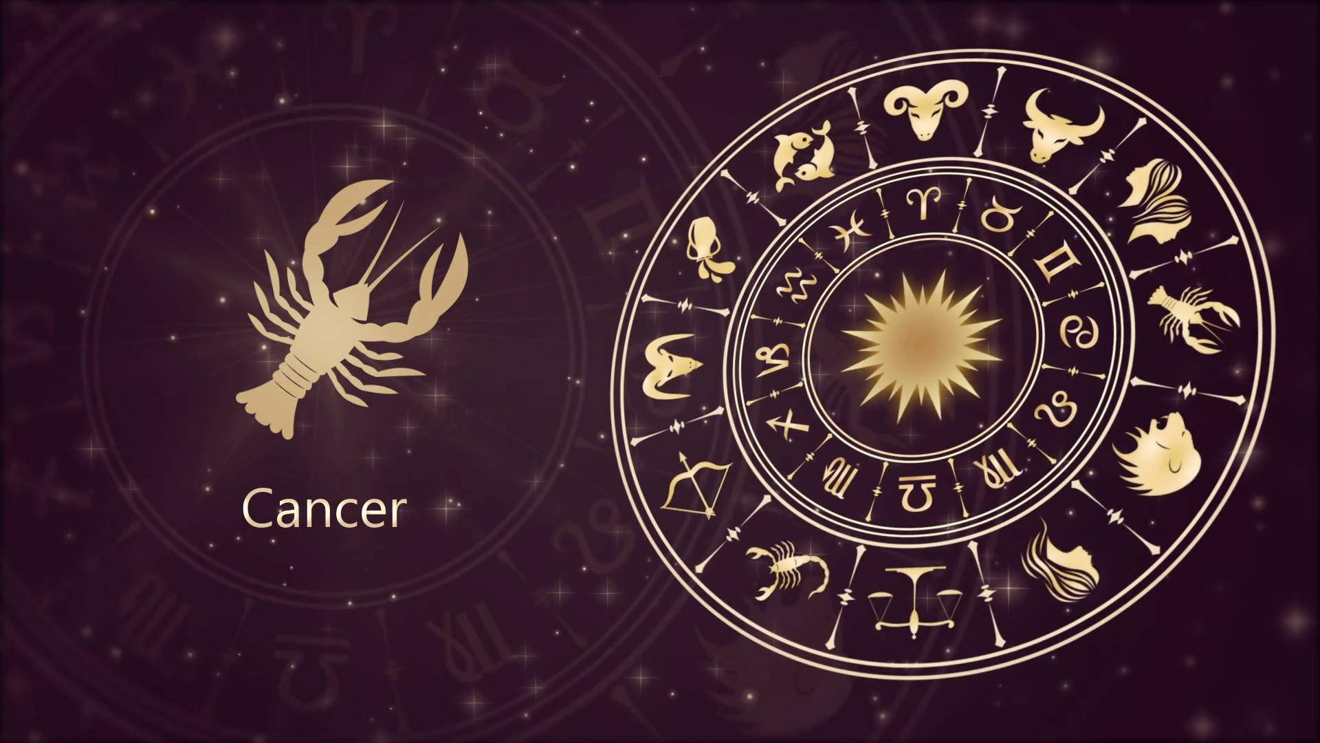 巨蟹座十二星座圓環圖 壁紙 — 金色黃道輪同巨蟹座符號喺星光點點嘅紫色宇宙背景上發光。