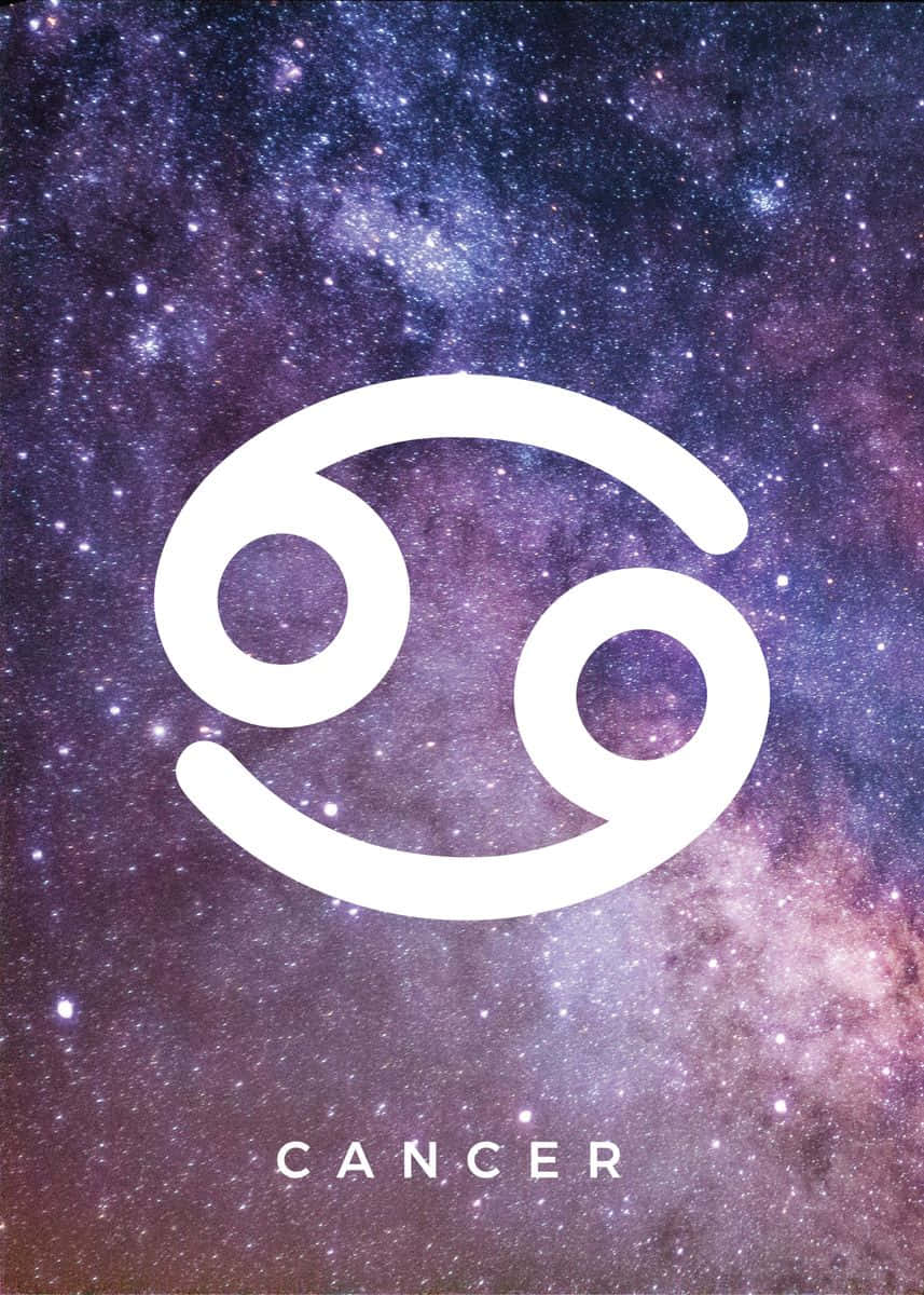 巨蟹座符號在星空紫色銀河背景上，帶有CANCER字樣。