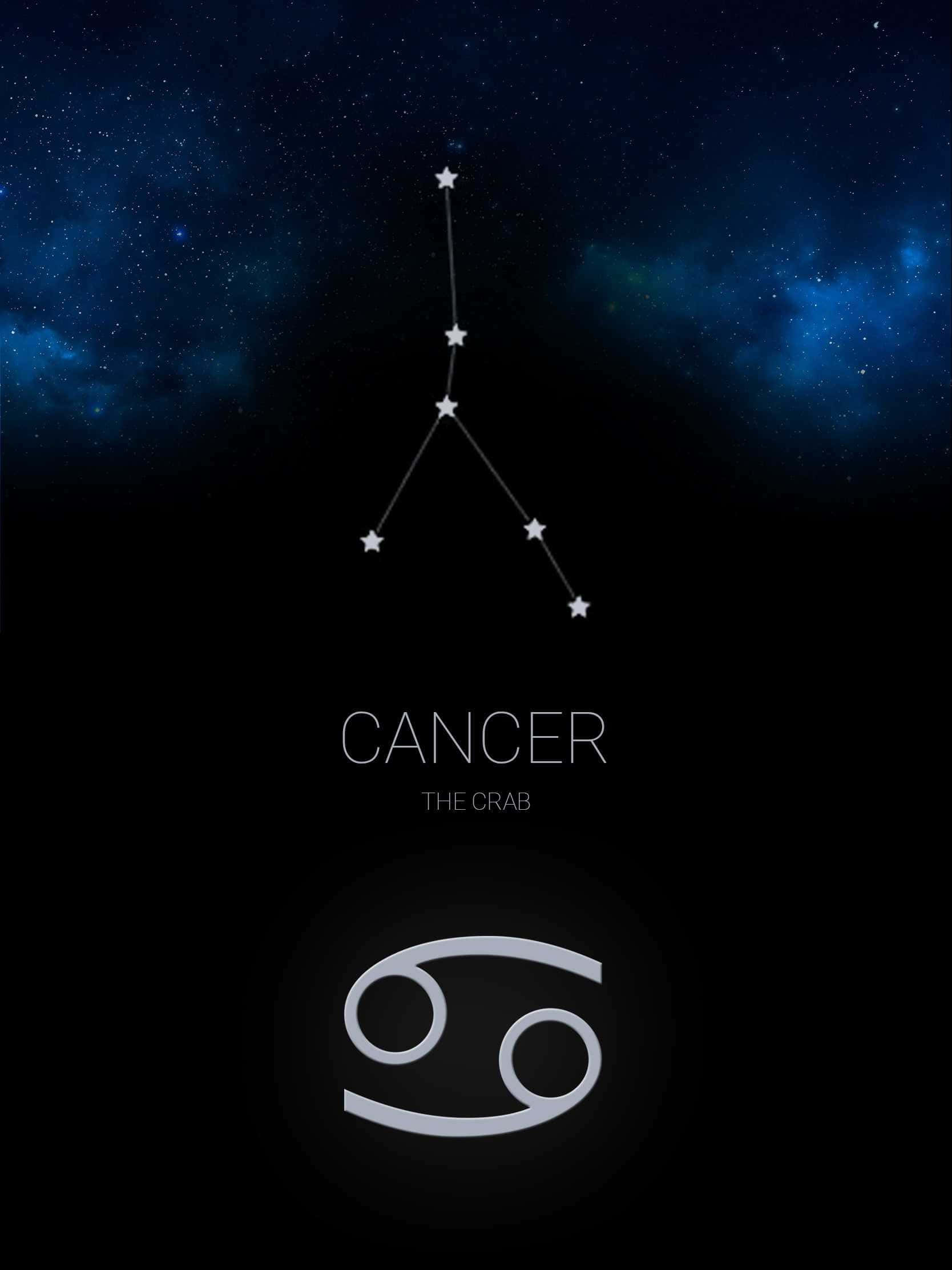 cancer 桌布 壁紙 — 巨蟹座星座在深藍色星空下閃耀，帶有星雲及其下方的星座符號。