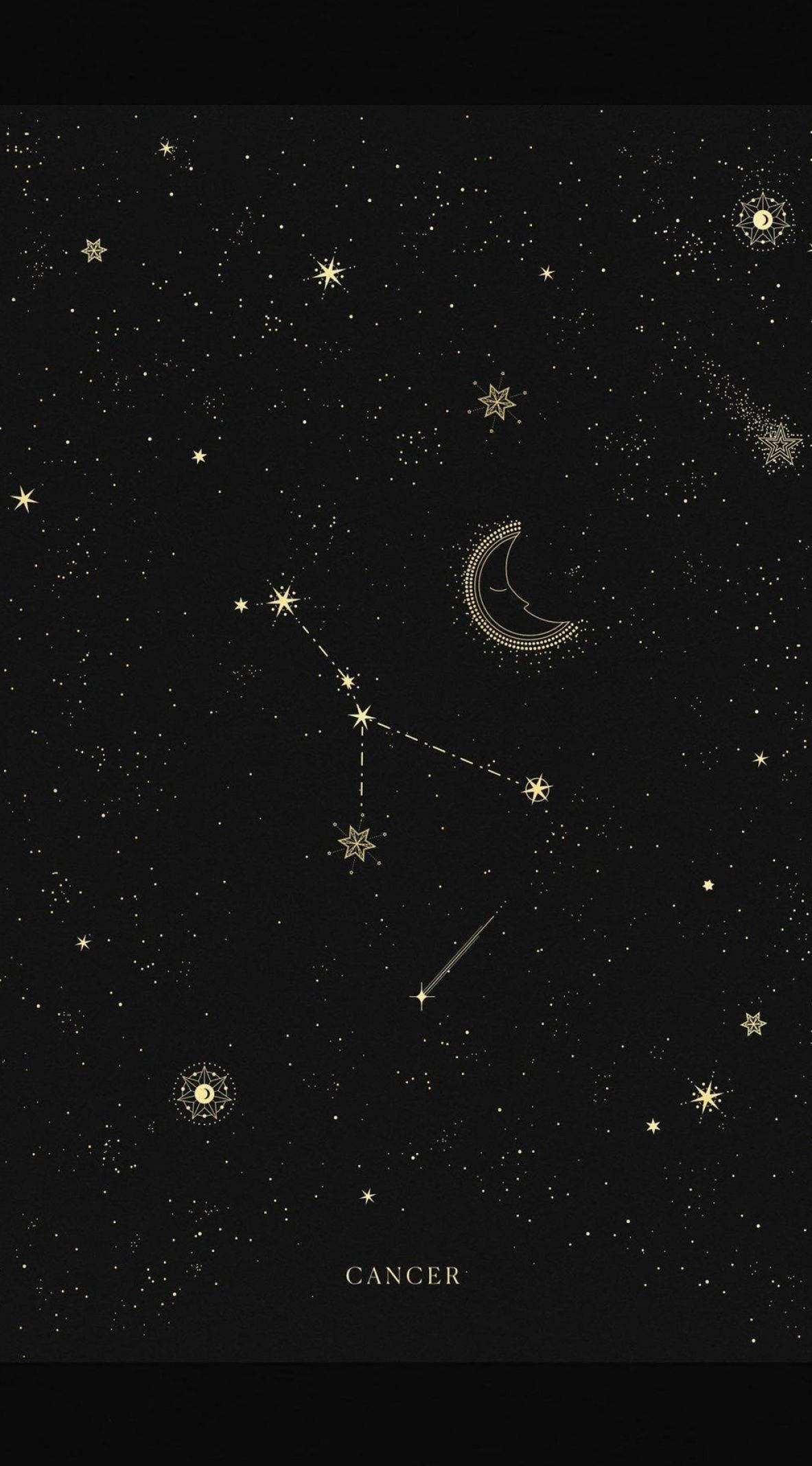 巨蟹座星座星圖 壁紙 — 金色巨蟹座的天體插圖，背景為黑色星空，帶有新月和彗星。