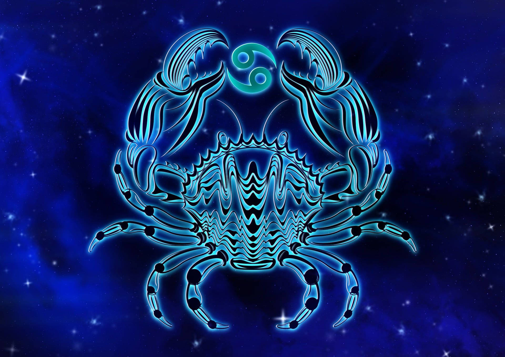 巨蟹座星座符號 壁紙 — 一隻發光的藍色螃蟹，身上有複雜的圖案，背上有一個陰陽符號，漂浮在星空宇宙背景上。