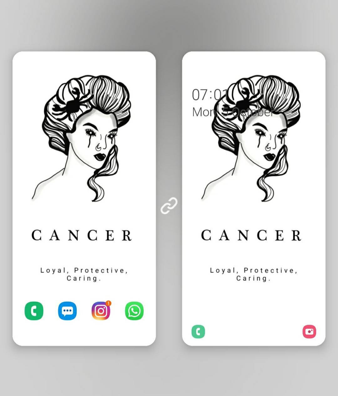 手機屏幕顯示巨蟹座星座插圖及特質忠誠保護關懷。