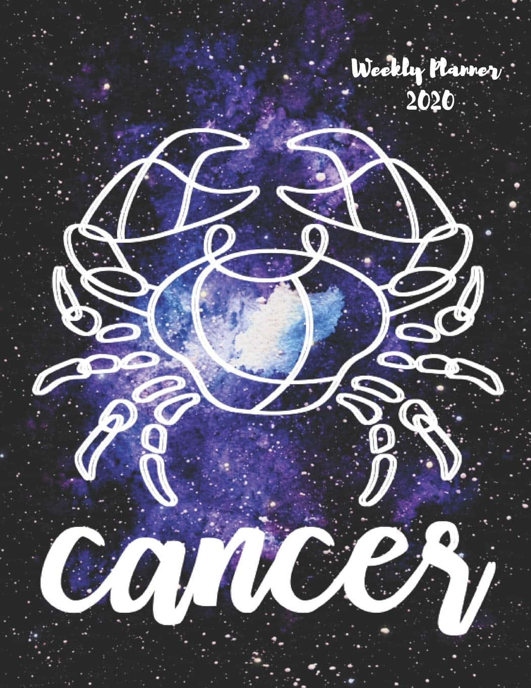 白色輪廓的巨蟹座符號，在星空宇宙背景上。