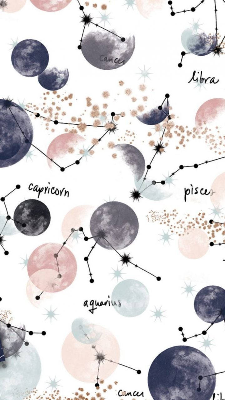 粉彩插圖星座和月亮漂浮在白色背景上。