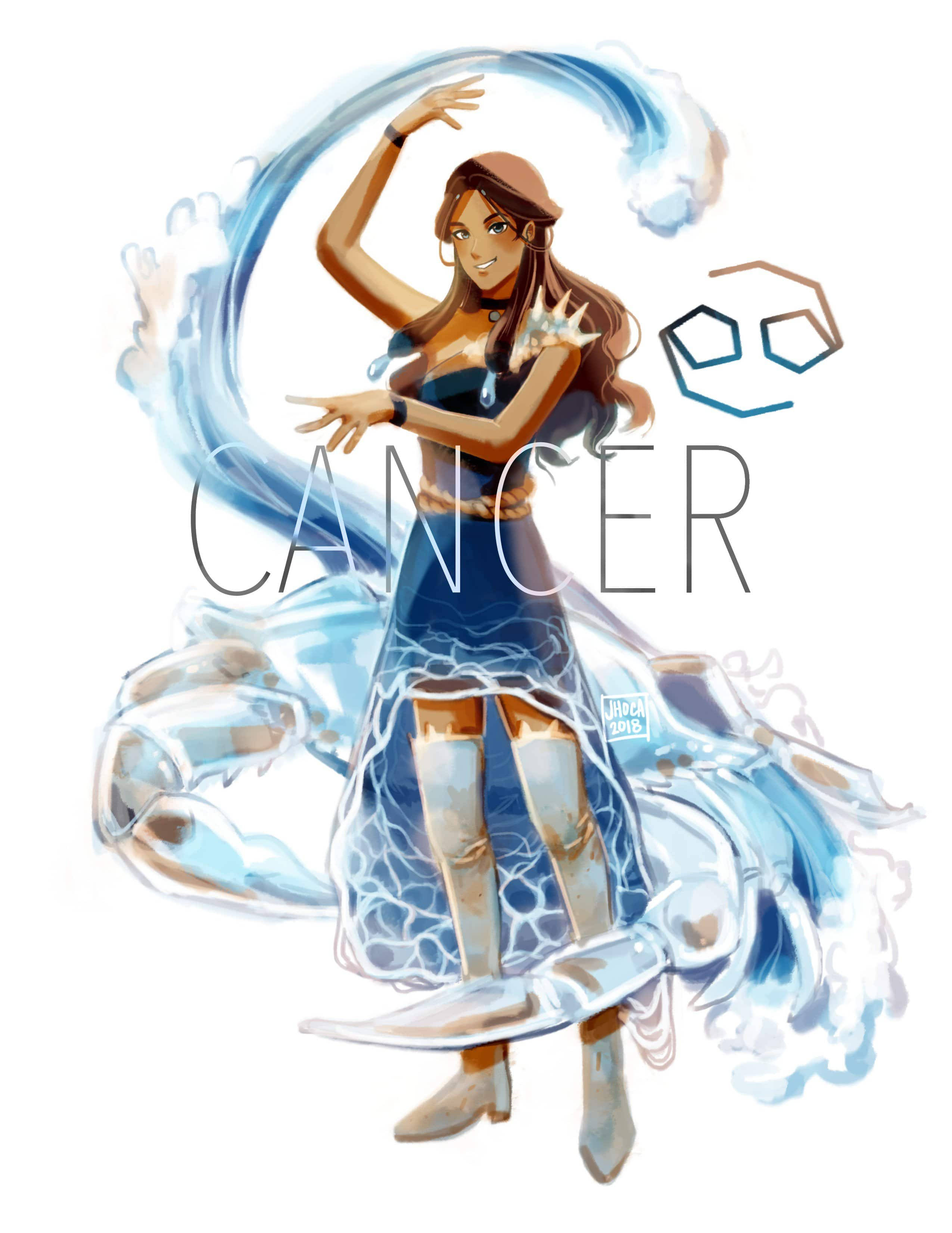 巨蟹座水之少女 壁紙 — 一位優雅的女士身穿藍色水主題服裝，在漩渦般的海洋能量中翩翩起舞，帶有螃蟹圖案和巨蟹座星座。