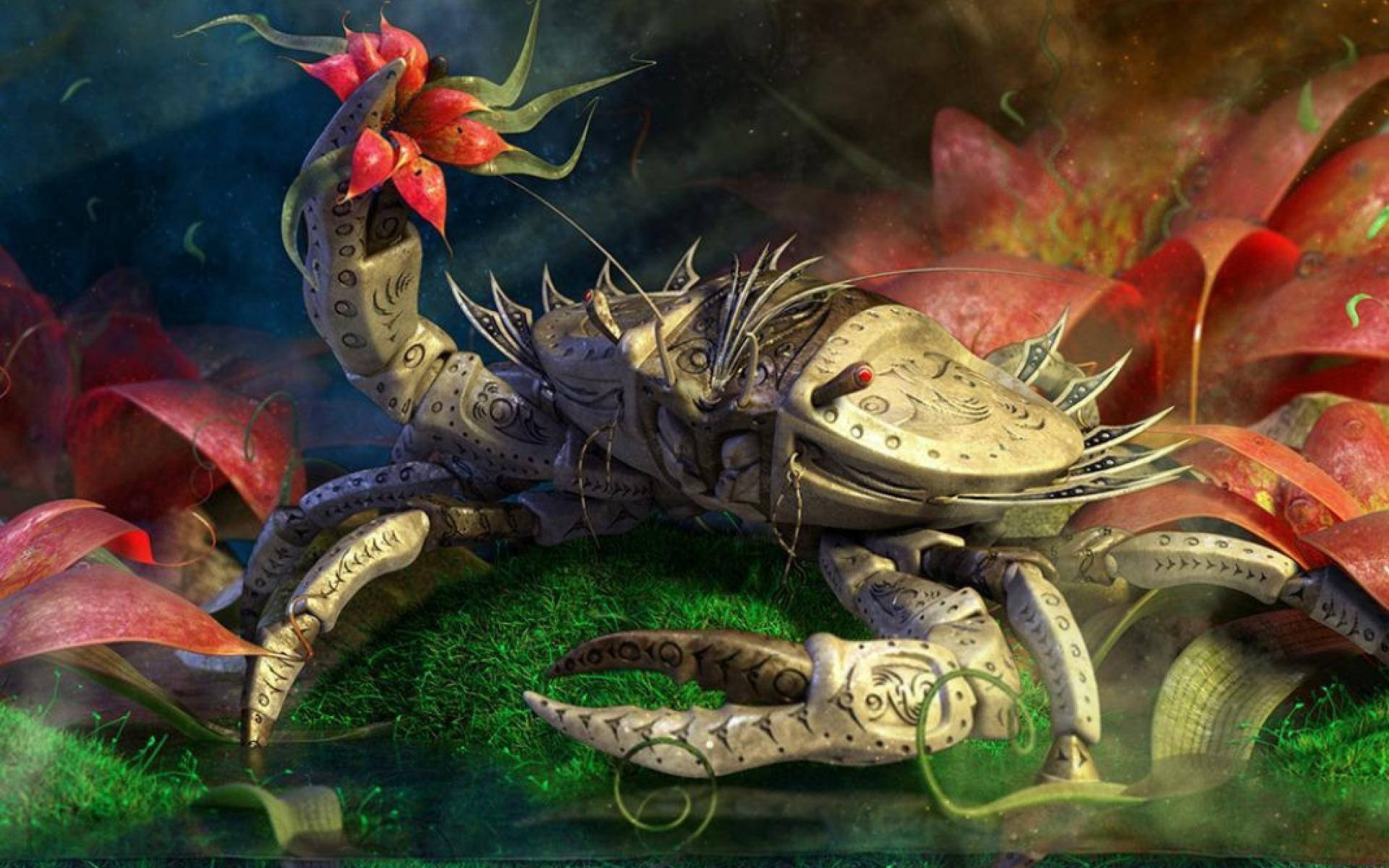 巨蟹座王蟹採花沼澤畫作 壁紙 — 一隻細節豐富的幻想螃蟹，帶有華麗圖案和爪上的紅花，在發光的紅色花瓣和綠色苔蘚中休息。