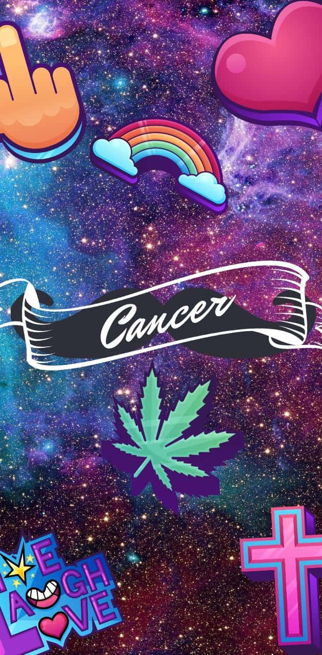 色彩繽紛的太空背景，帶有卡通符號和橫幅上的Cancer字樣。