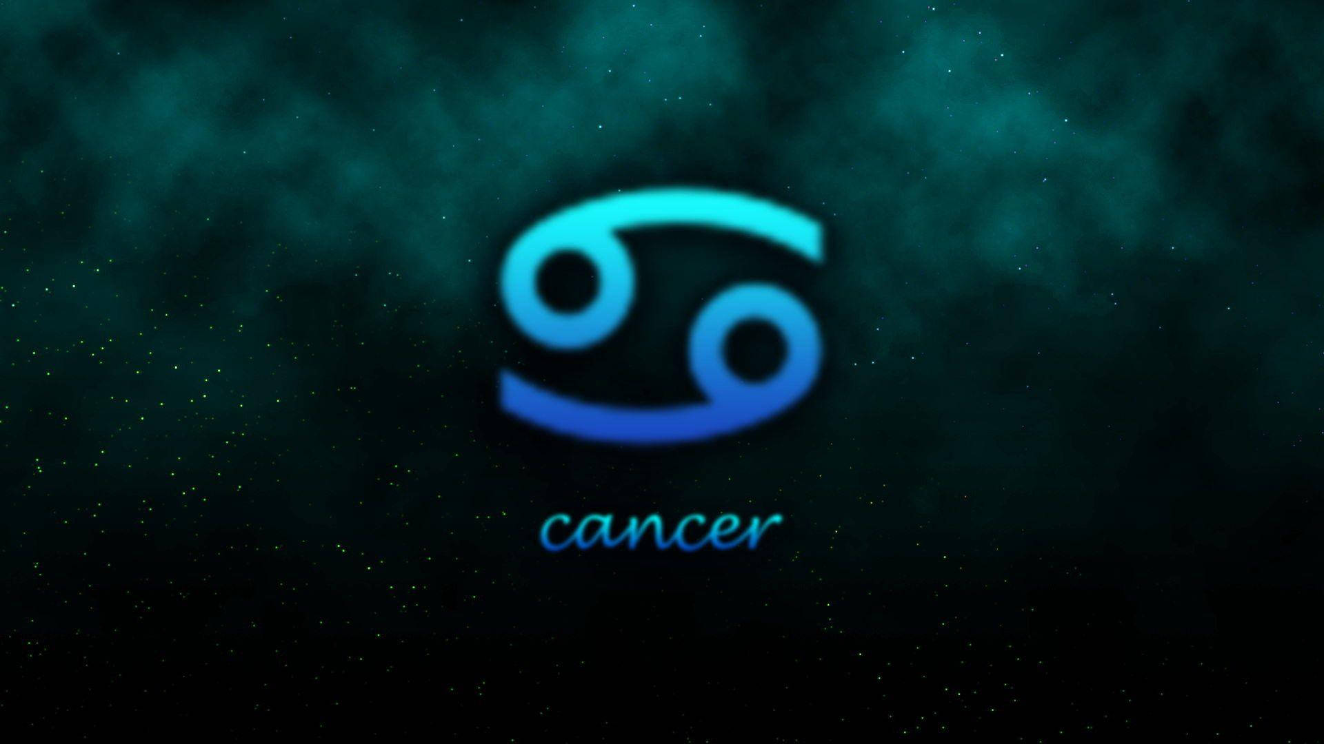 巨蟹座簡約藍色符號 壁紙 — 一個發光的藍色巨蟹座符號漂浮在深藍綠色、點綴著星星的宇宙背景上。