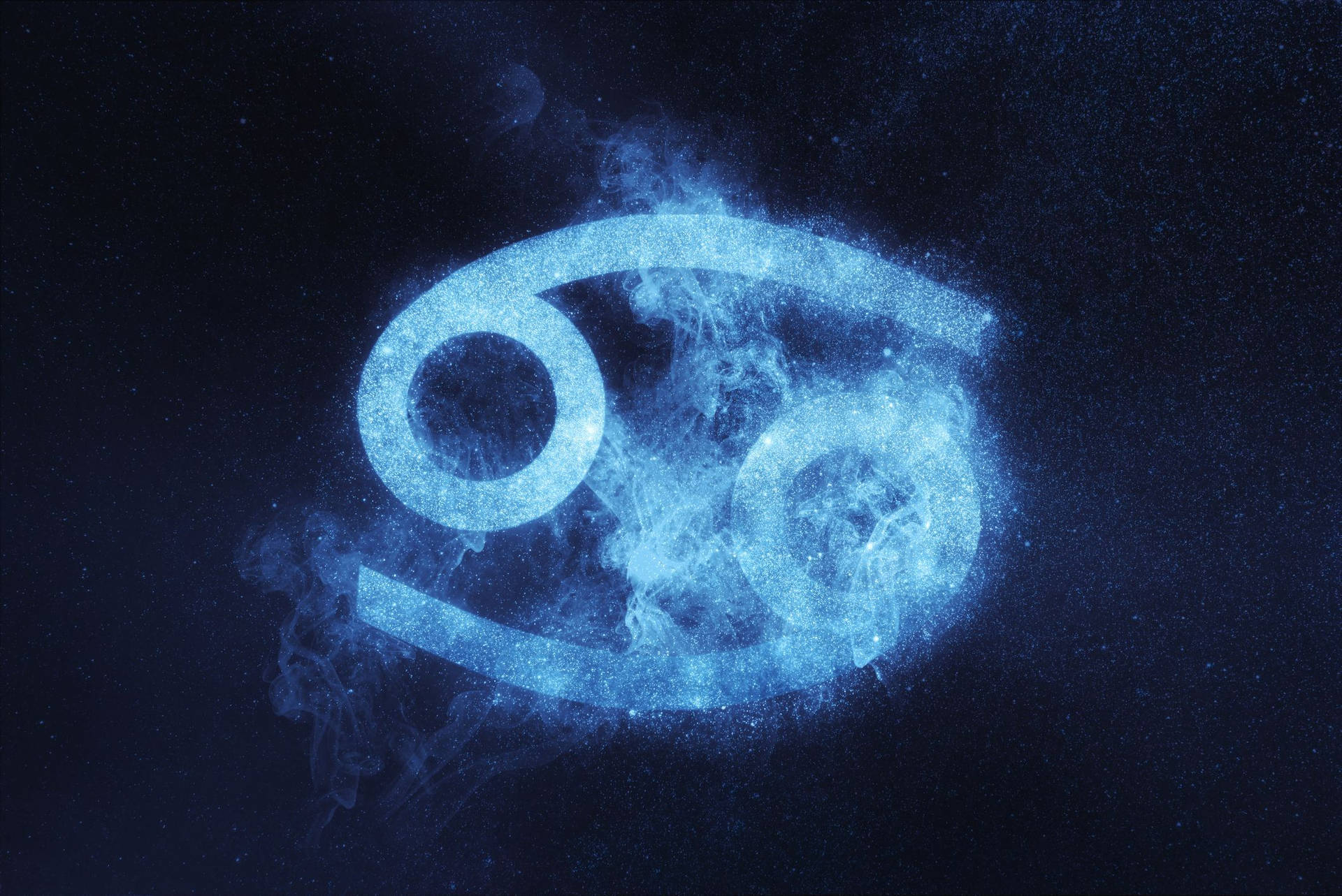 在宇宙空間中帶有星雲和星星的發光藍色巨蟹星座符號。