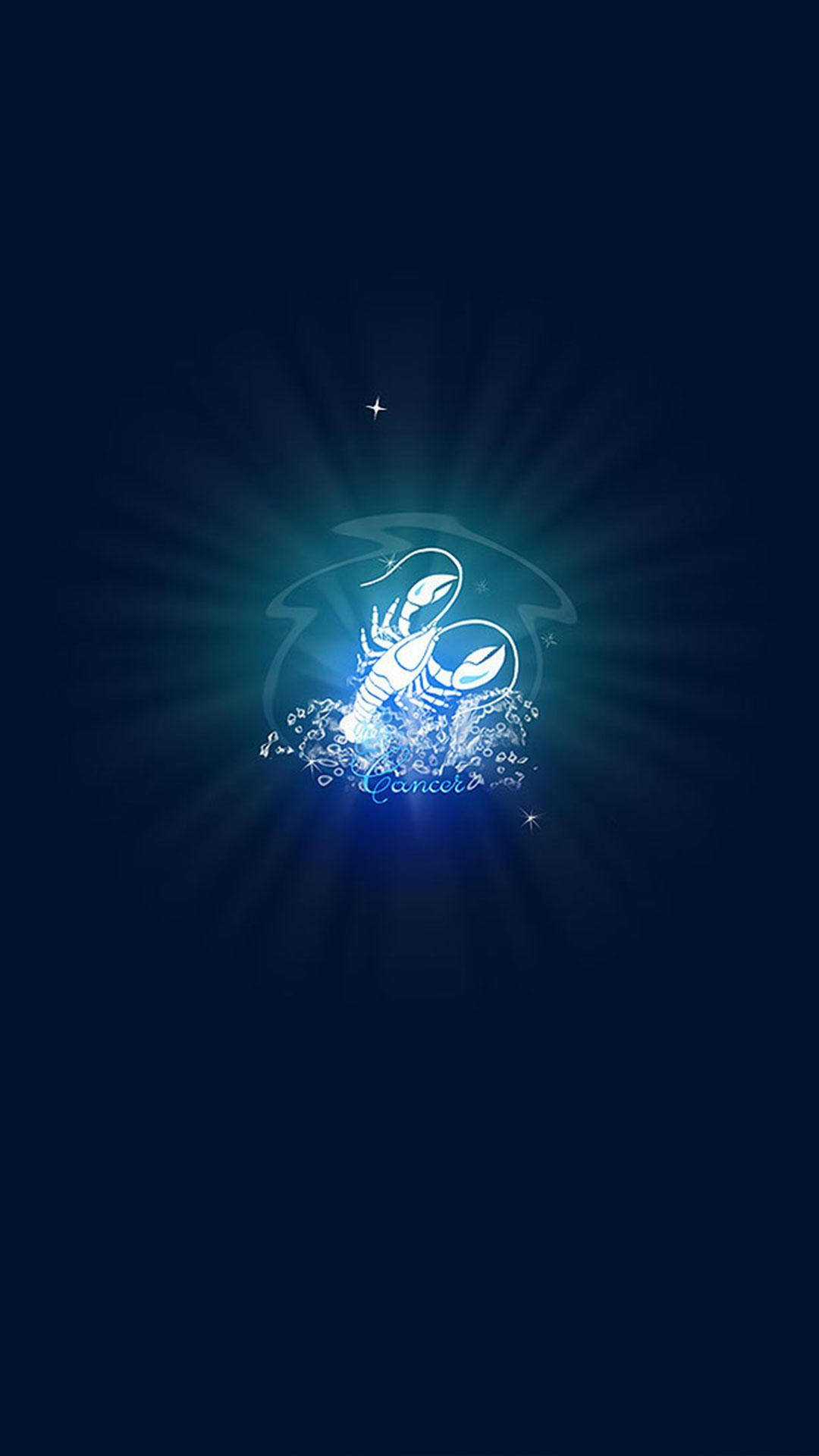 在深色背景上帶有星爆效果的發光藍色巨蟹座星座符號。