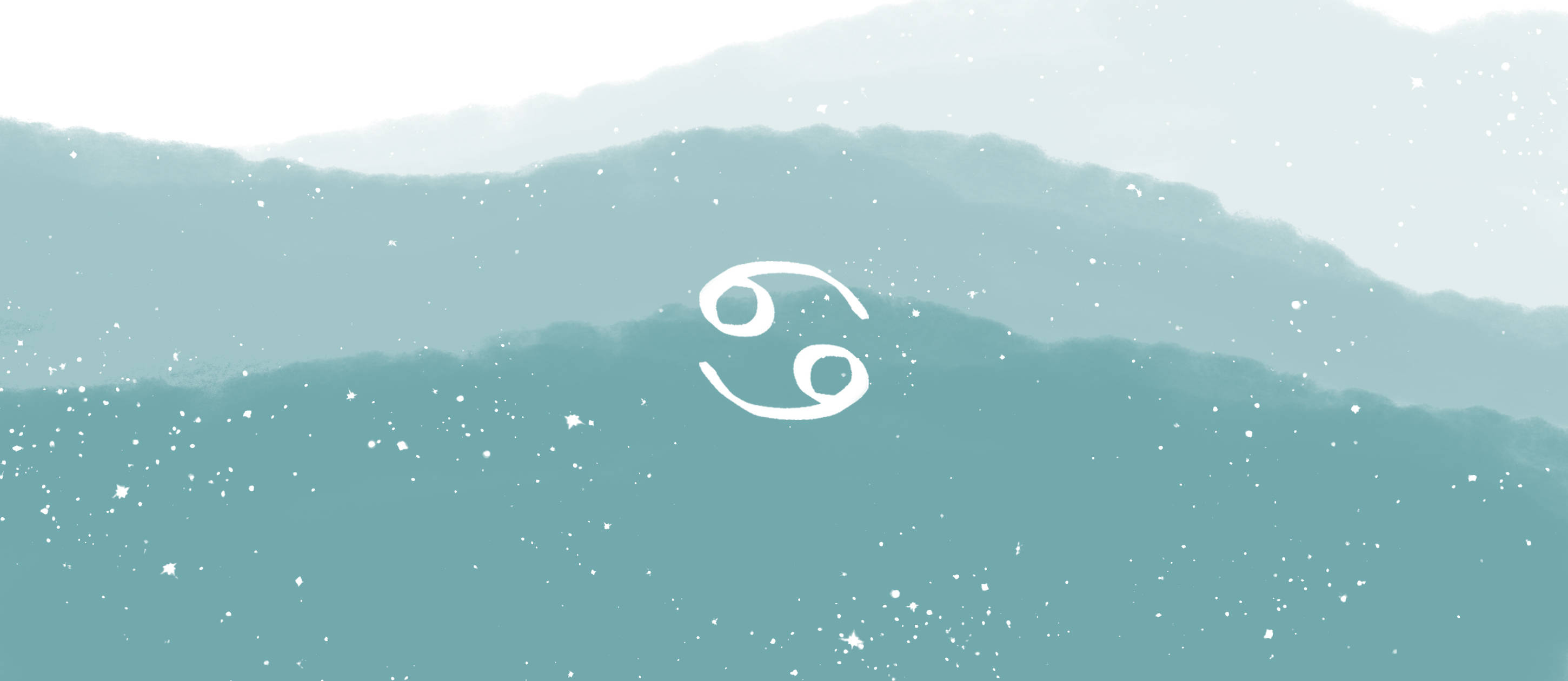 巨蟹座青綠山景 壁紙 — 一幅極簡水彩風格插圖，描繪巨蟹座星座符號漂浮在分層的青綠色山脈之上，背景是柔和天空。