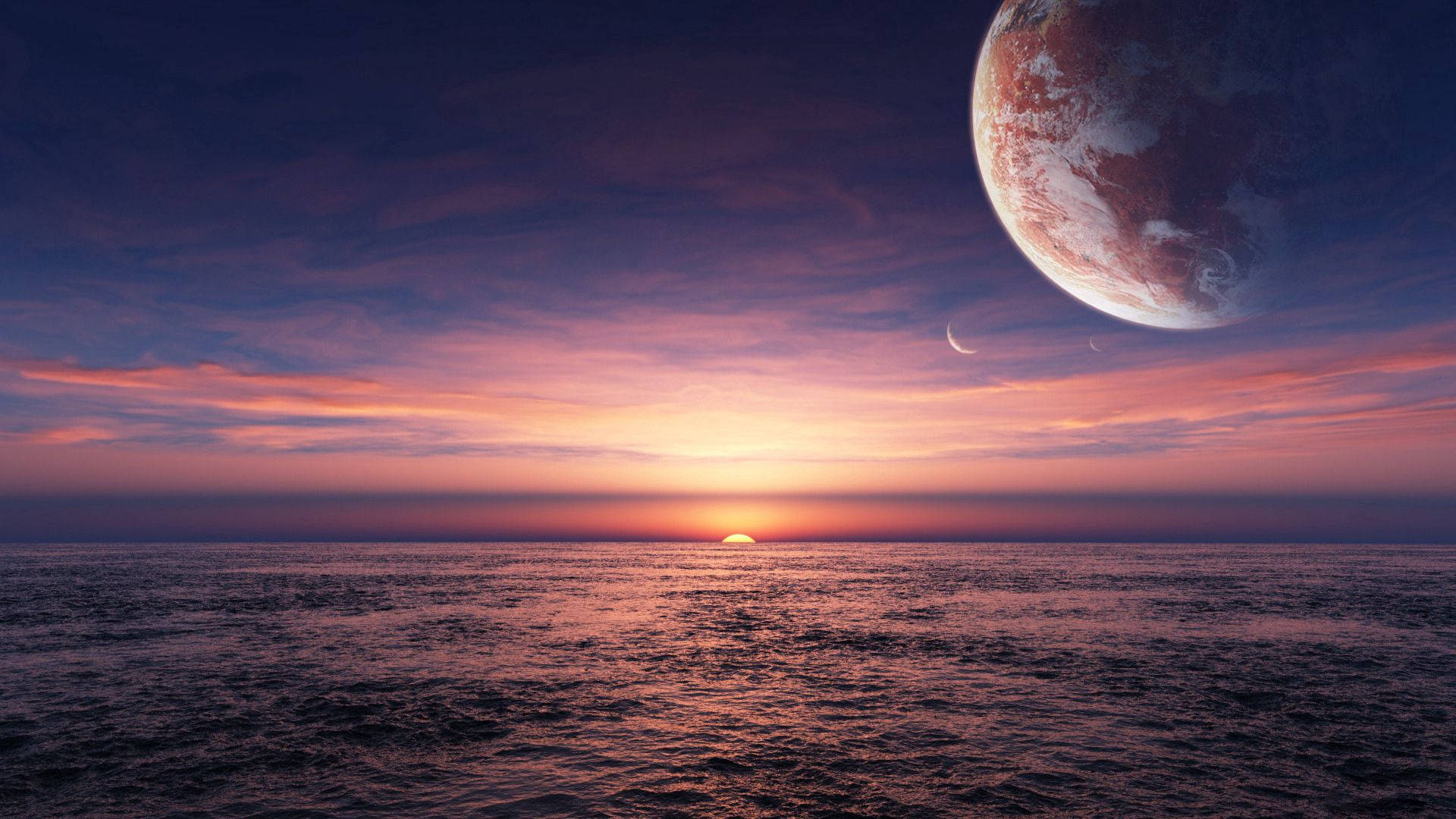 日落時的異星海洋，天空中有巨大行星和新月。