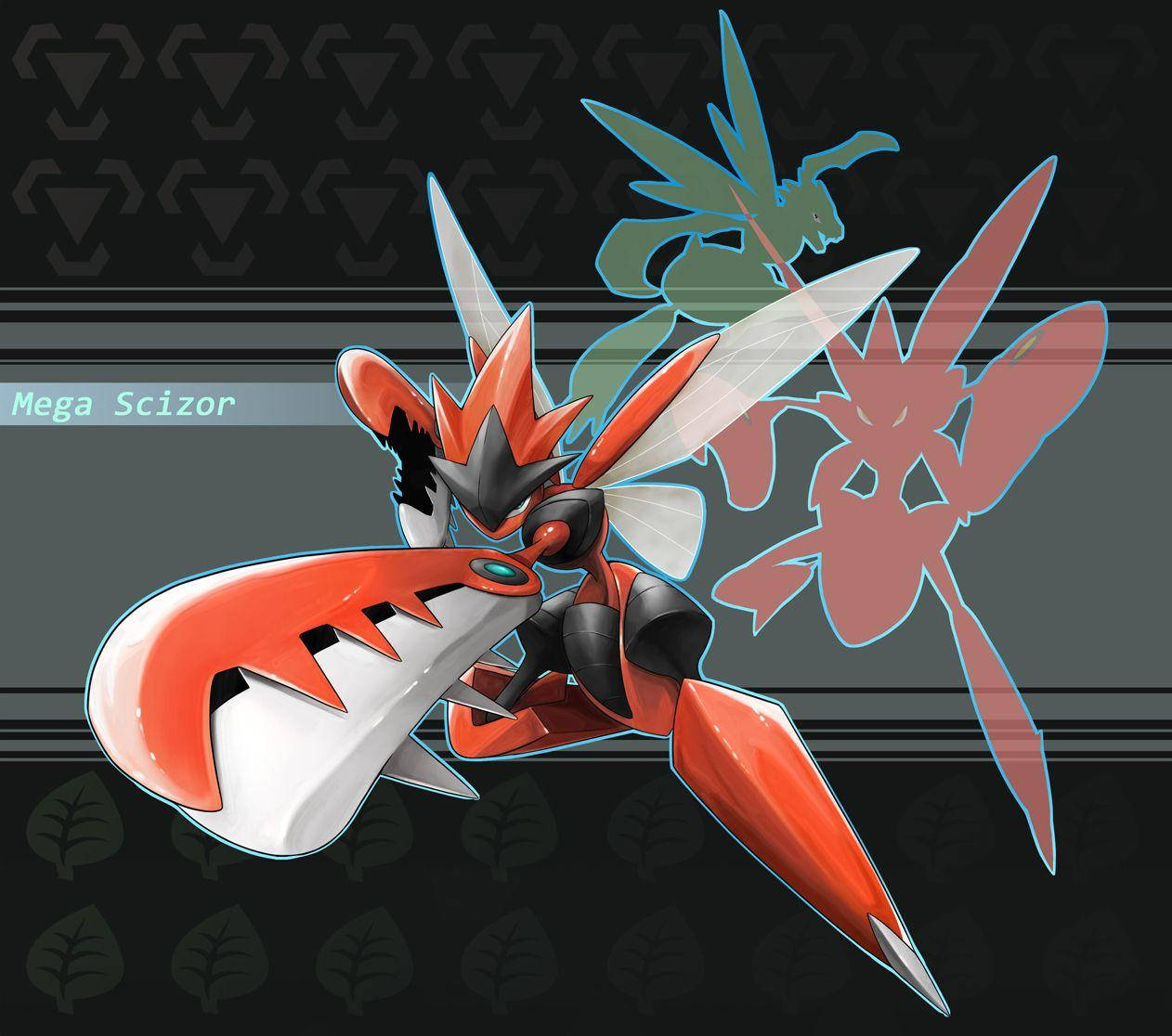 巨鉗螳螂的 Mega 進化形態 壁紙 — Mega Scizor 以動態姿勢呈現，帶有發光藍色輪廓和微弱陰影版本，背景為深色圖案。
