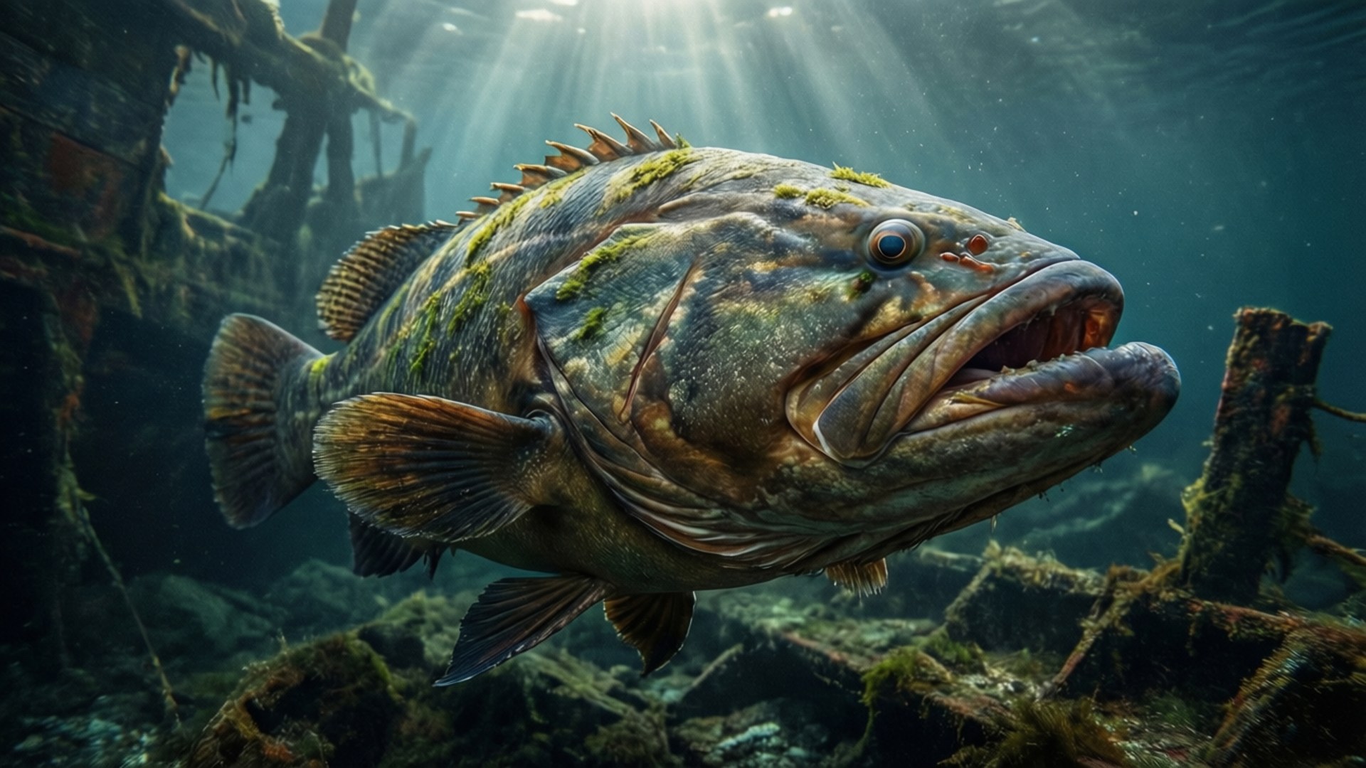 一條身上有苔蘚的大魚在水下靠近沉船殘骸游動。