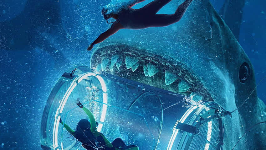 玻璃球中的潛水員在水下與巨型鯊魚對峙