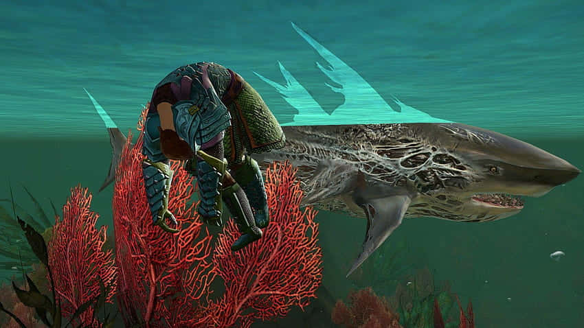 身穿盔甲的潛水員跪在紅色珊瑚附近，鯊魚在水中游過。