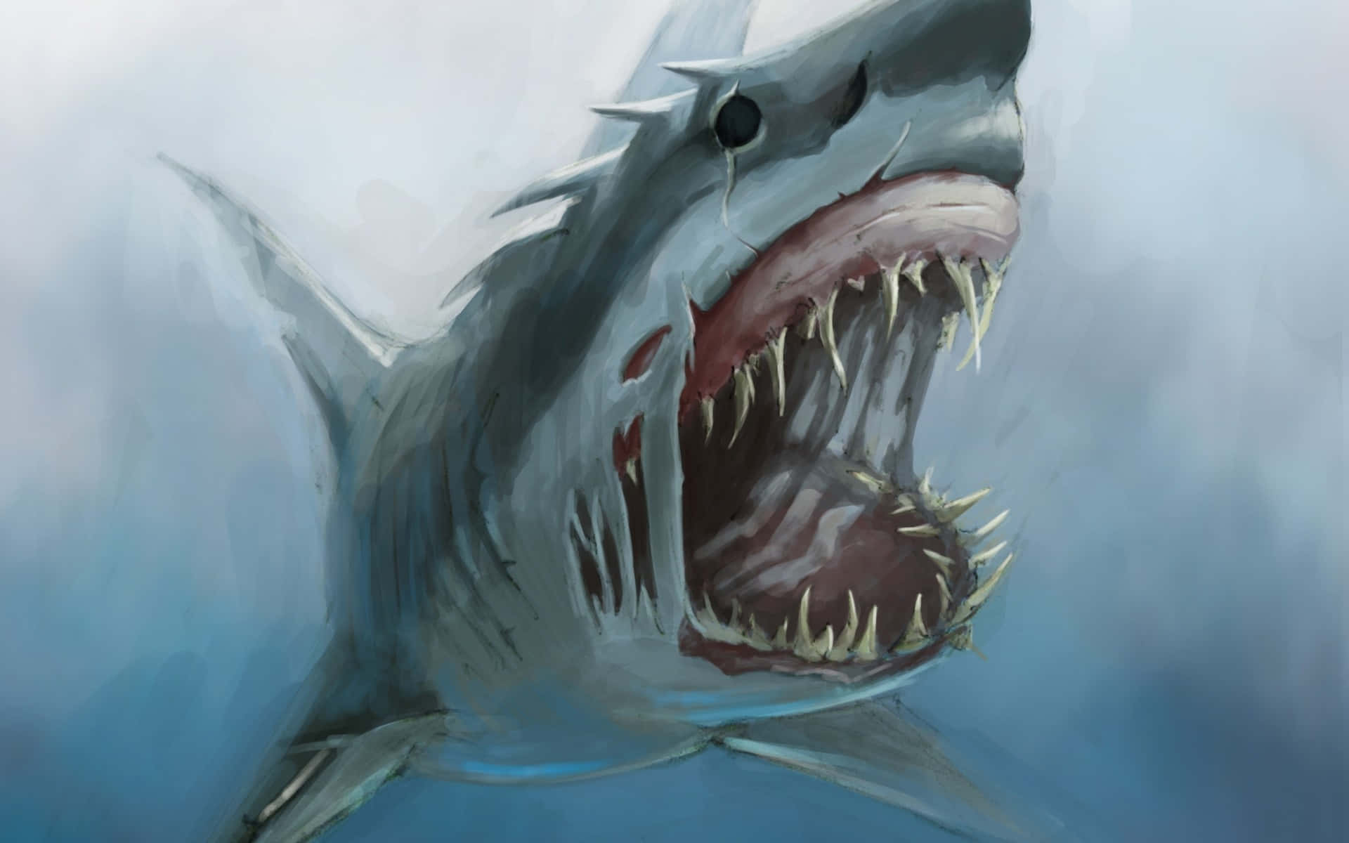 巨齒鯊藝術圖——鋒利牙齒特寫 壁紙 — 一條帶有尖銳牙齒和血淋淋牙齦的威脅性大白鯊，在渾濁的藍色海洋背景下向前猛衝。