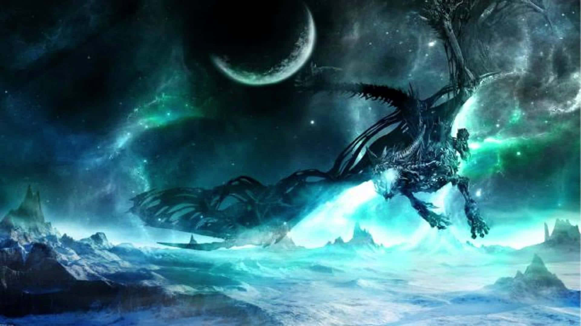 骸骨巨龍在新月和發光星雲下飛越冰山。