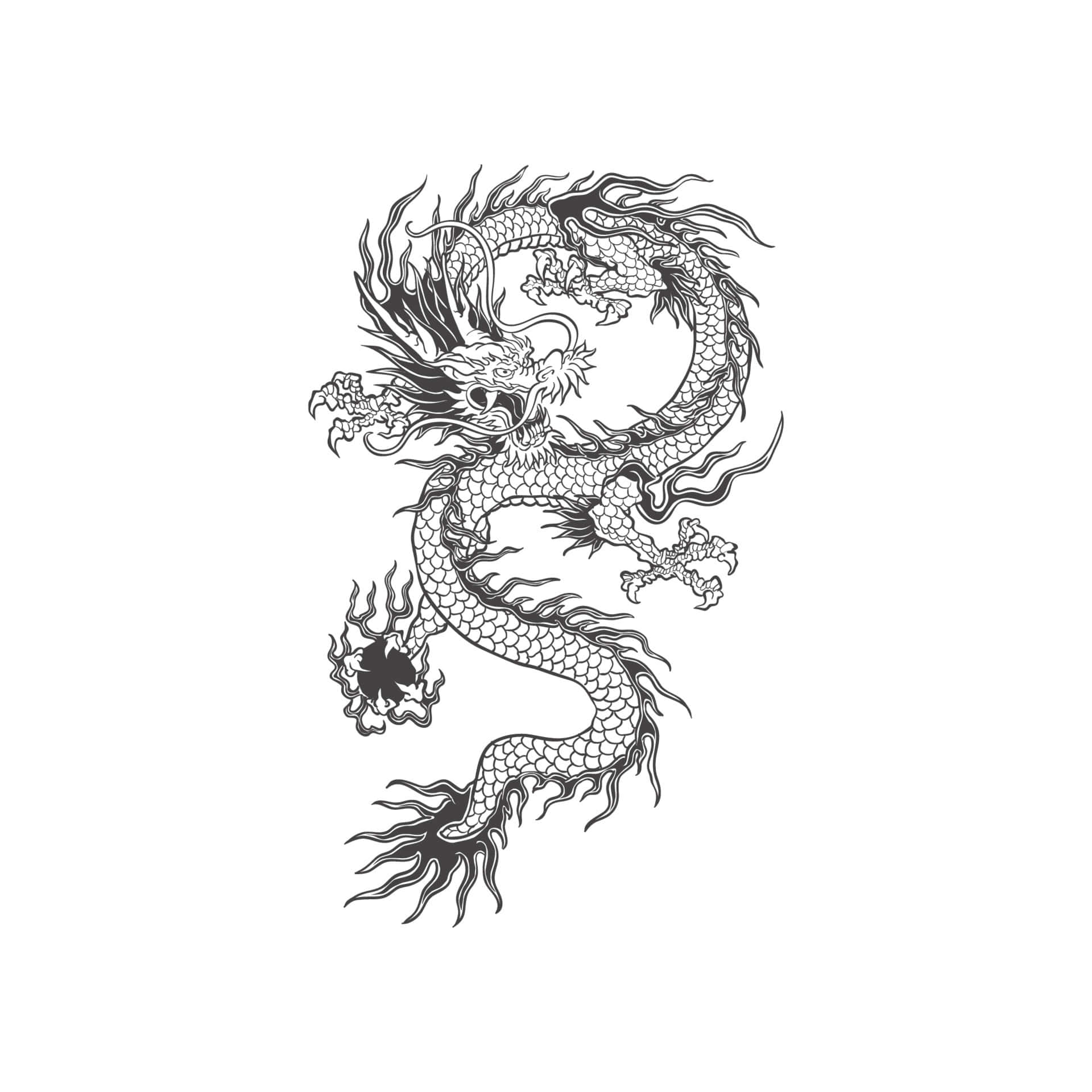 一隻風格化的黑白龍，帶有鱗片和飄逸的鬃毛，呈現動態姿勢。