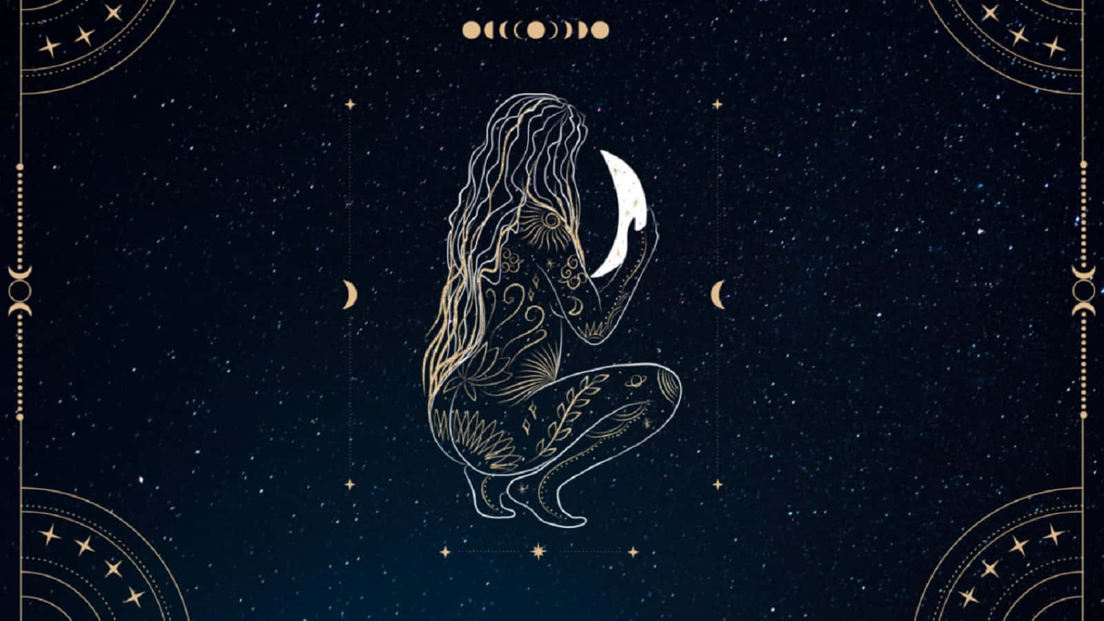 巫女：神秘而魅惑 壁紙 — 一位金色線條藝術女神跪著，手持新月，背景是繁星點點的夜空，周圍環繞著天體圖案。