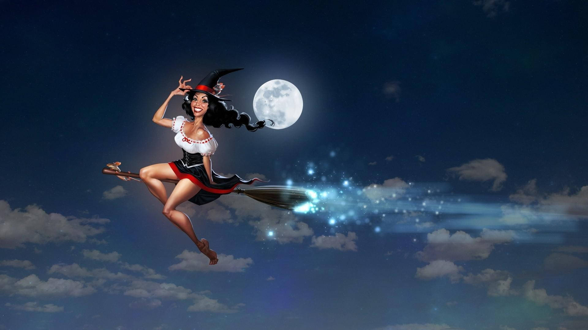 巫女掃帚飛塵 壁紙 — 一位戴黑帽、穿紅裙的快樂女巫在滿月下騎著掃帚飛行，留下一條閃爍的痕跡。